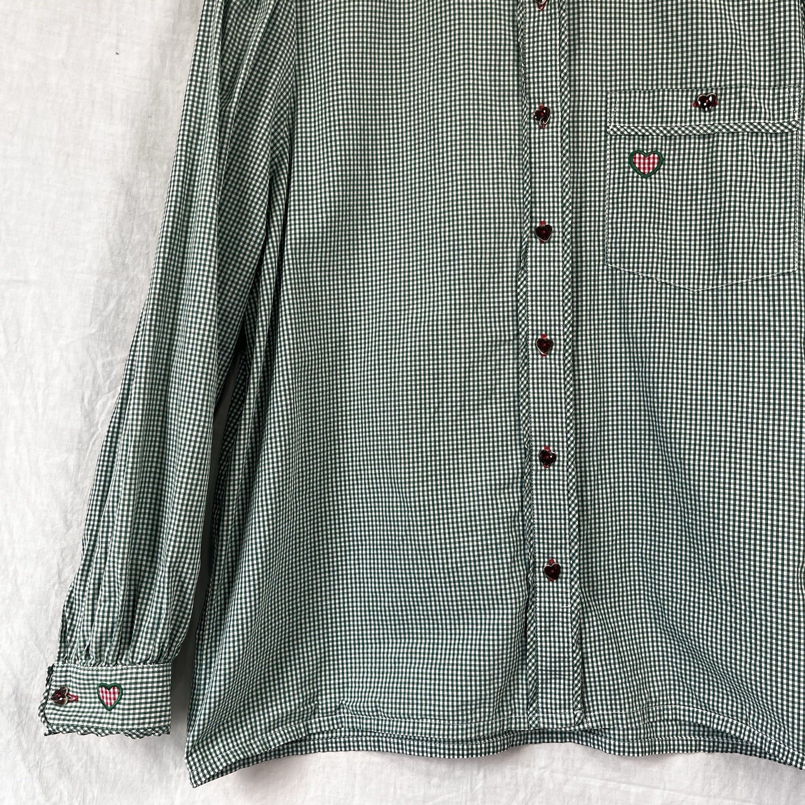 Hammerschmid Vintage Gingham Shirt Women Medium German Cotton Blouse Hearts Cute