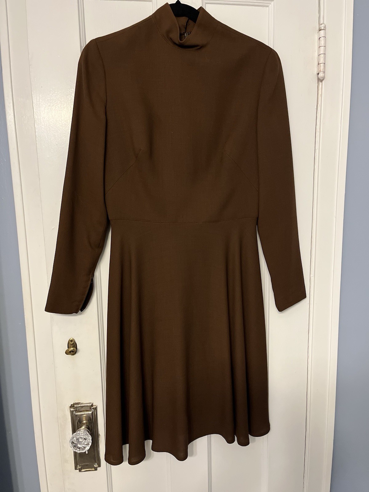 VTG Bergdorf Goodman Eva chun Wool Silk Lined Brown Long Sleeve Dress Office