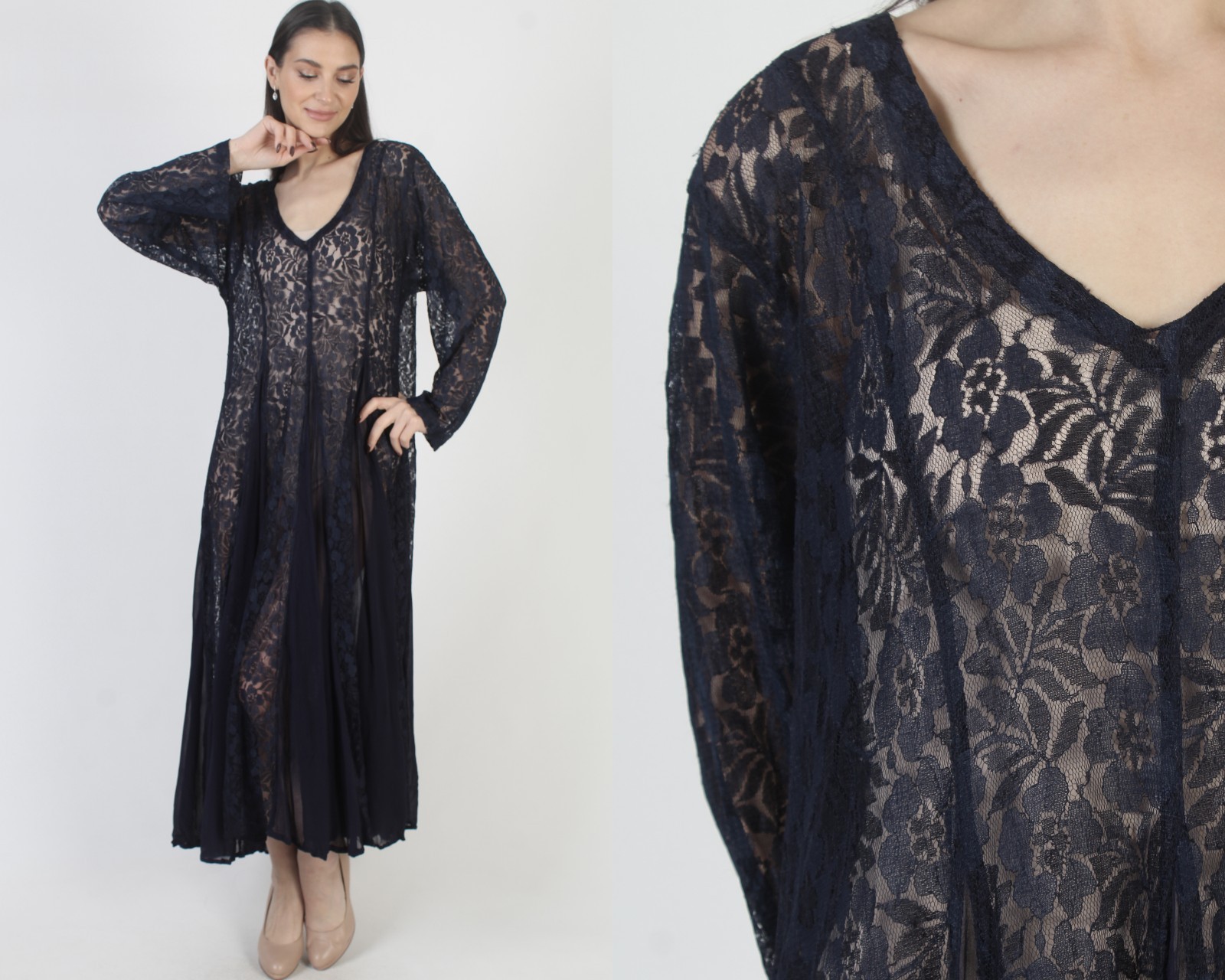 Vintage 90s Nostalgia Gypsy Lace Dress Sheer Babydoll Oversized Maxi Sundress L