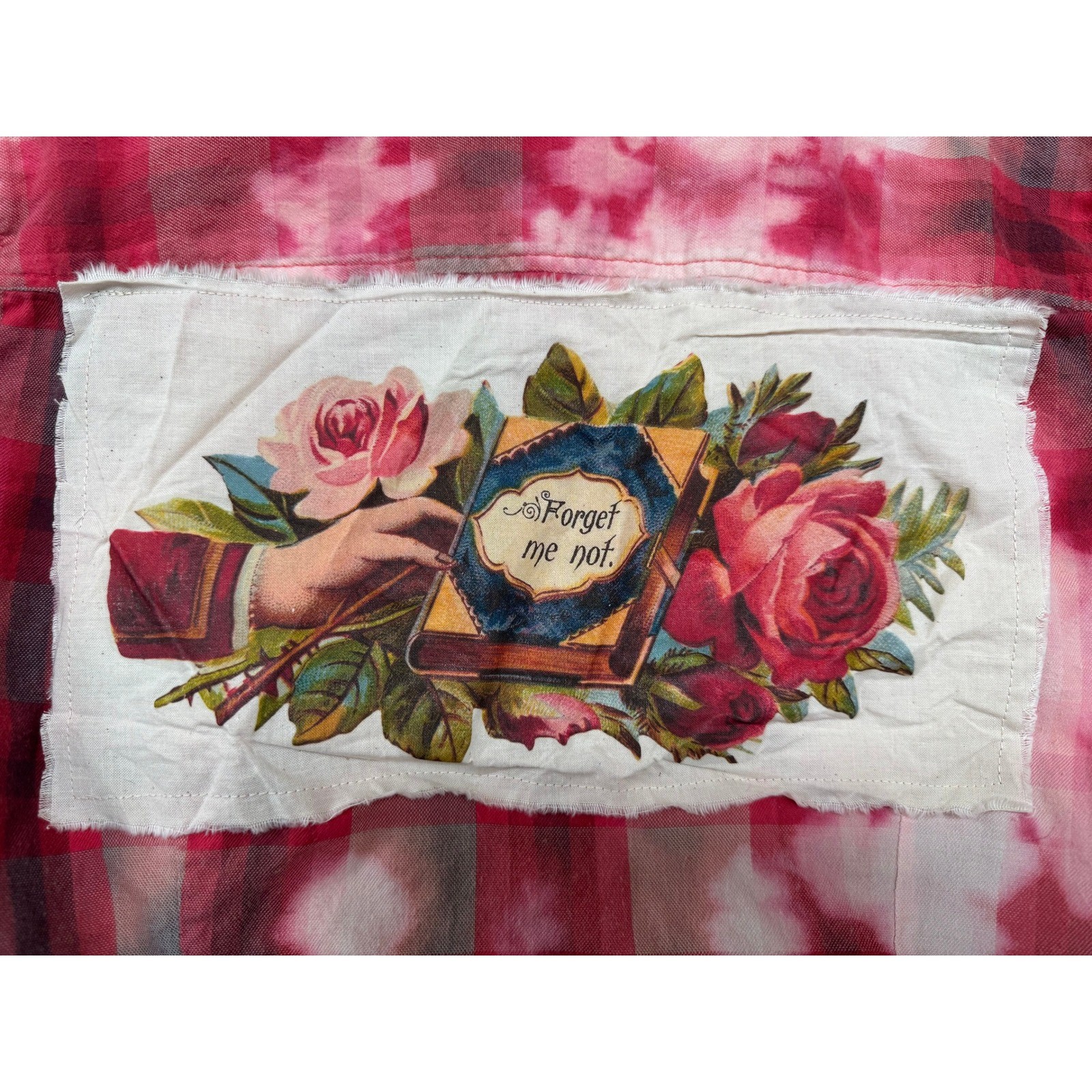 Upcycled J.Crew Pink Red Plaid Shirt Small Vintage Image „Forget Me Not” Back