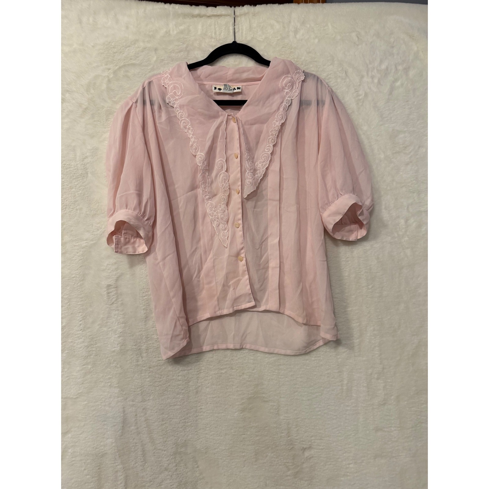 Jordan Vintage Pink Embroidered Lace Collar Blouse Short Puff Sleeve Size 13/14