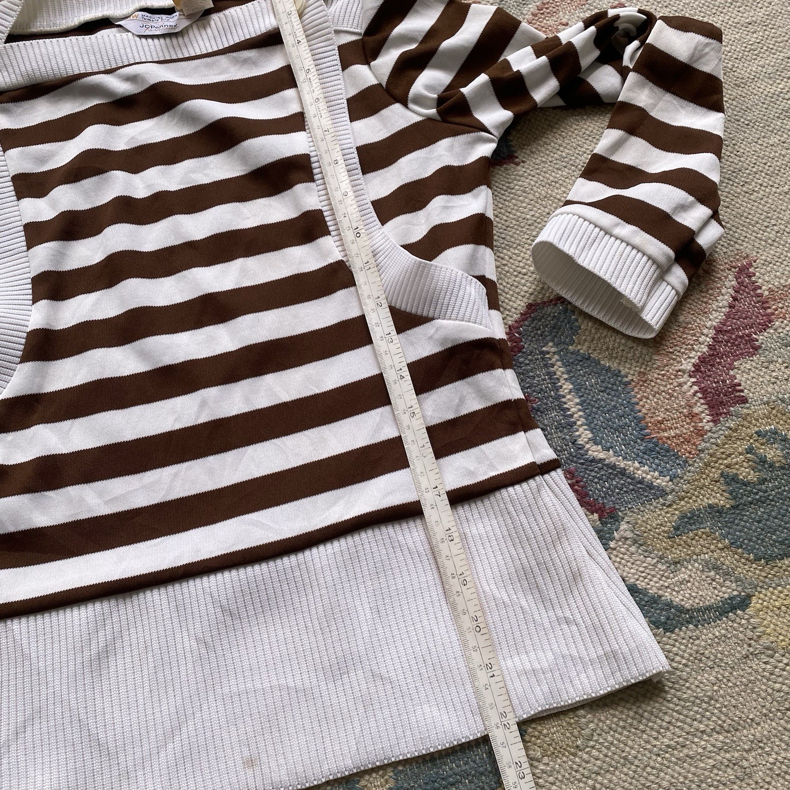 70s Stripe Polyester Knit Top JCPenney Vintage Brown White Medium
