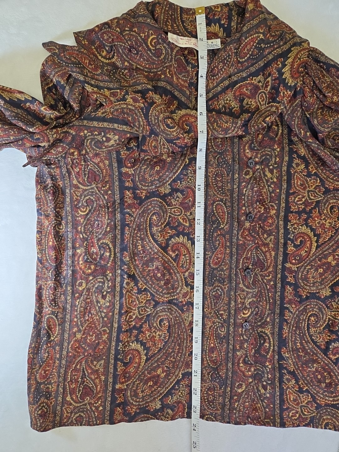 Vtg O By Oscar De La Renta 100% Silk Paisley Tie Neck Dress Skirt Blouse Set