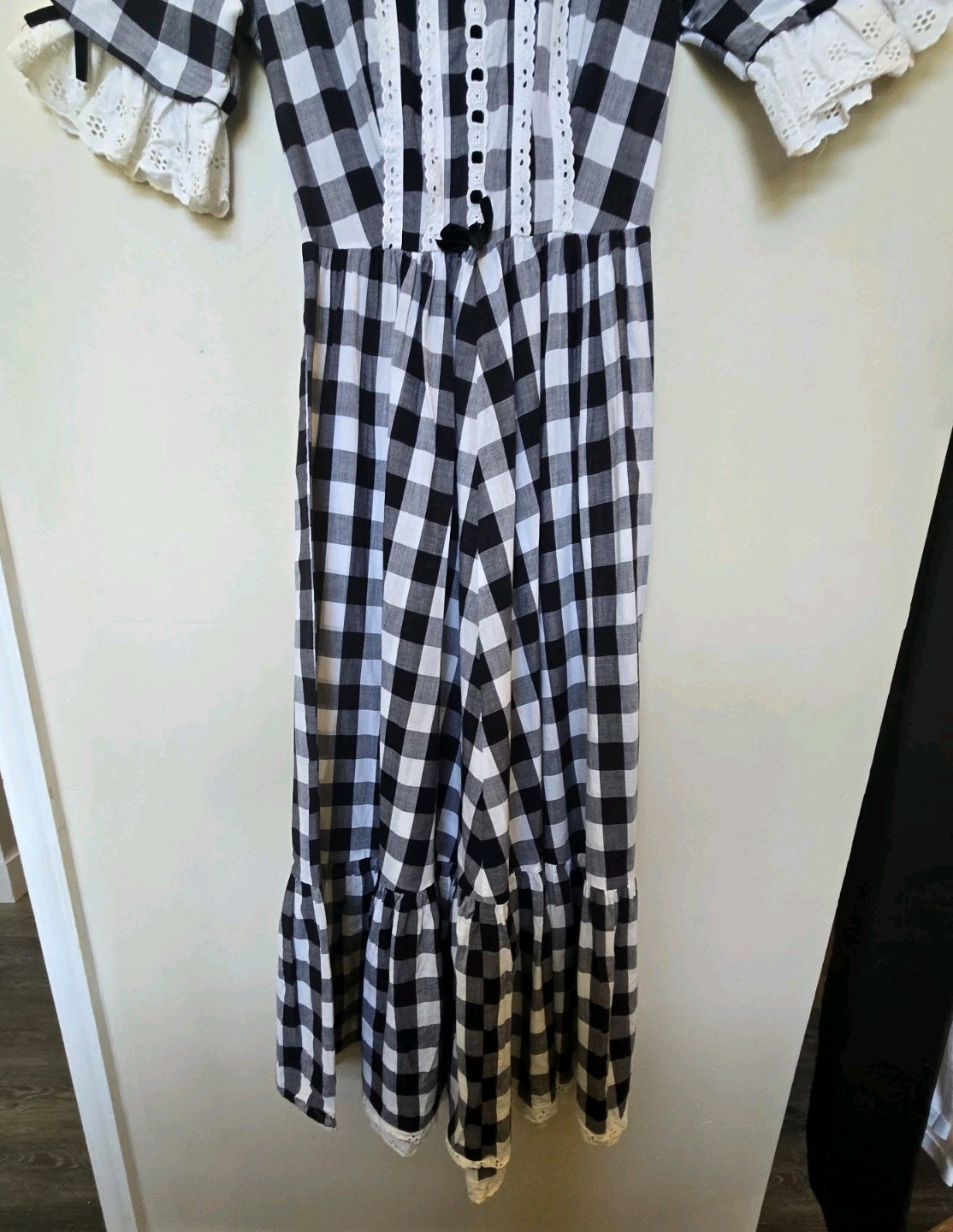 Vintage Womens Gingham Check Dress Eyelet Black White Dainty Sz Xs S 4 Prarie