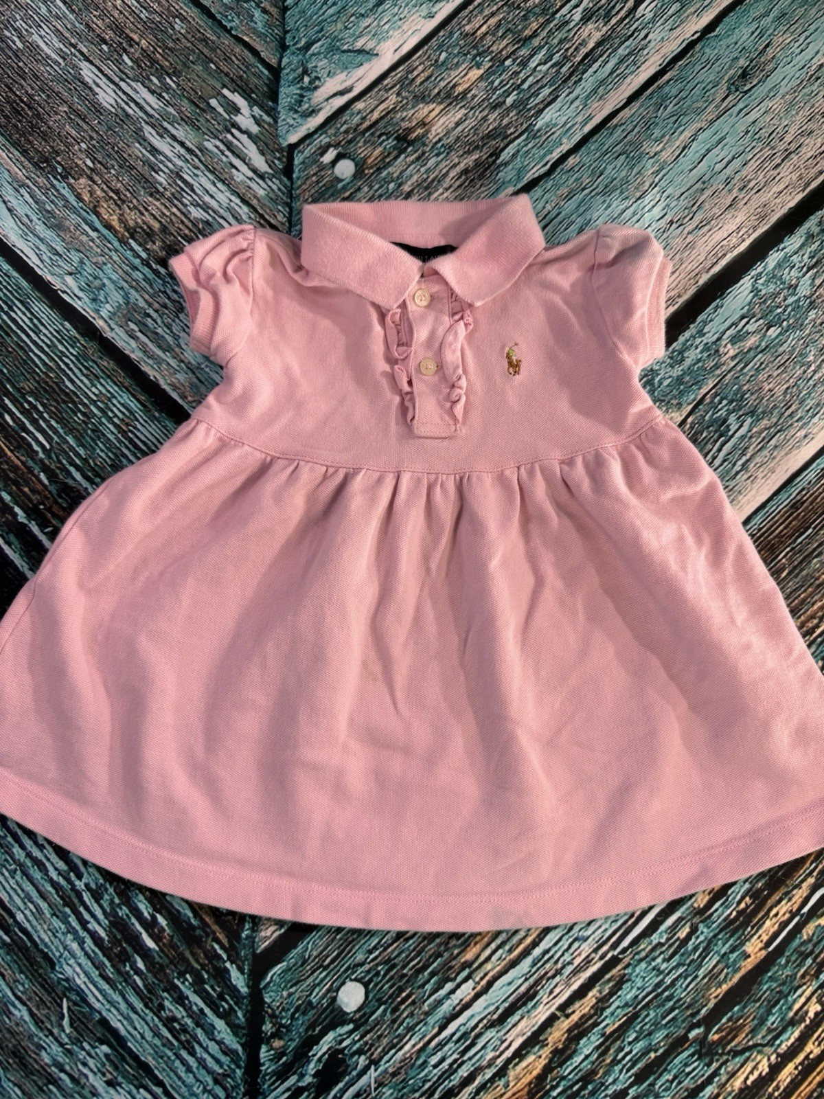 Polo Ralph Lauren Preppy Baby Dress Pink Cotton 2-Button Ruffle Size 12 Month A4