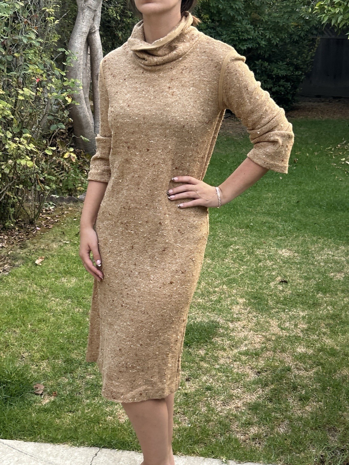 Vintage 70s Ann Wallace 40 W Knit Dress Tan Paris Made In France Boho