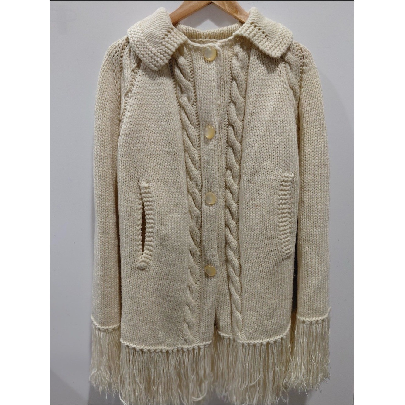 VINTAGE Cream Cable Knit Cape Pancho With Fringe – Maybe 1960s