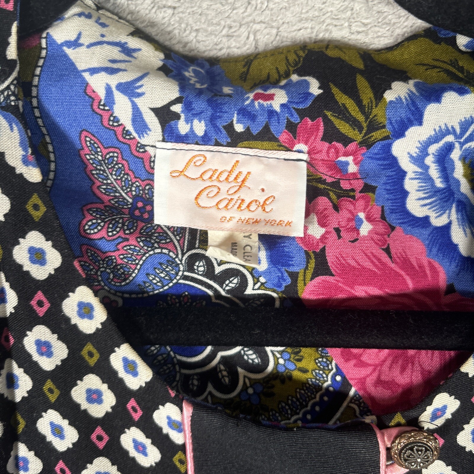 Vntg Lady Carol Of New York Blouse Button Up Paisley Floral Black Shoulder Pads