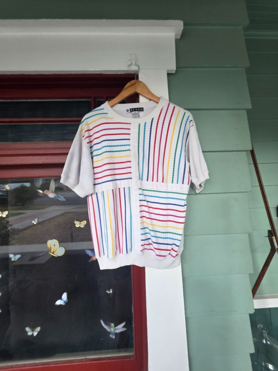 90s BLAST Rainbow Striped Knit Top Colorblock Short Sleeve Made Taiwan M