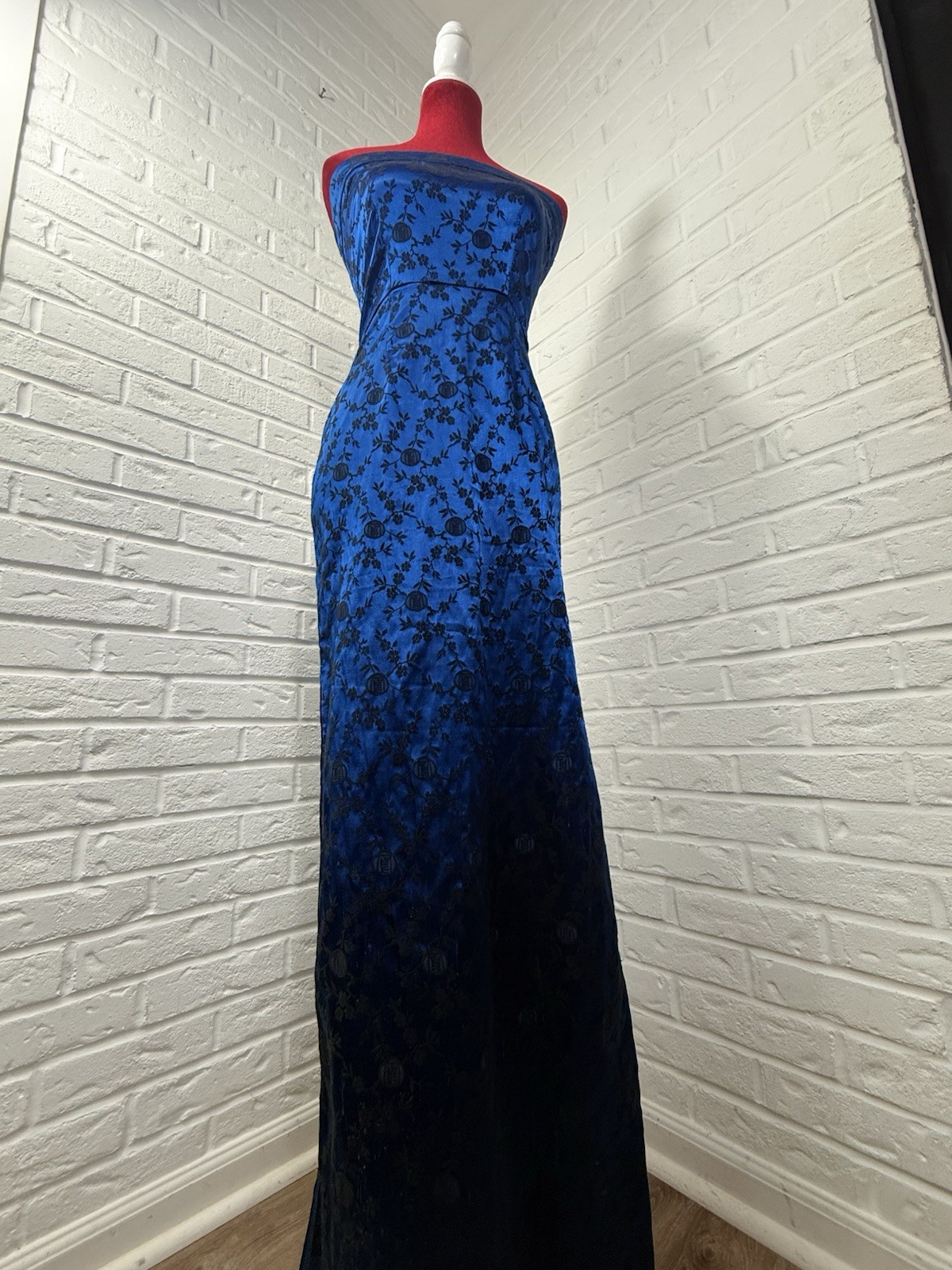 Vintage 90s L.A. Glo S Blue Black Floral Brocade Strapless Maxi Dress USA