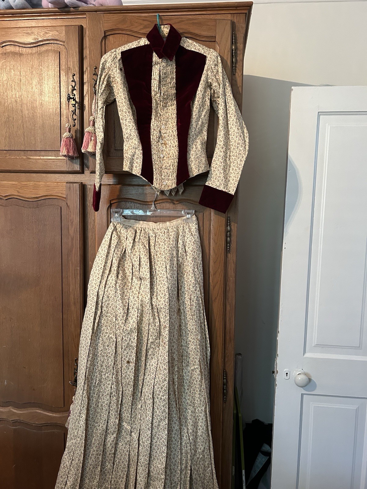 1880s bustle Skirt And Jacket With Built-In Bustle Velvet Trim Silk/Cotton Dress