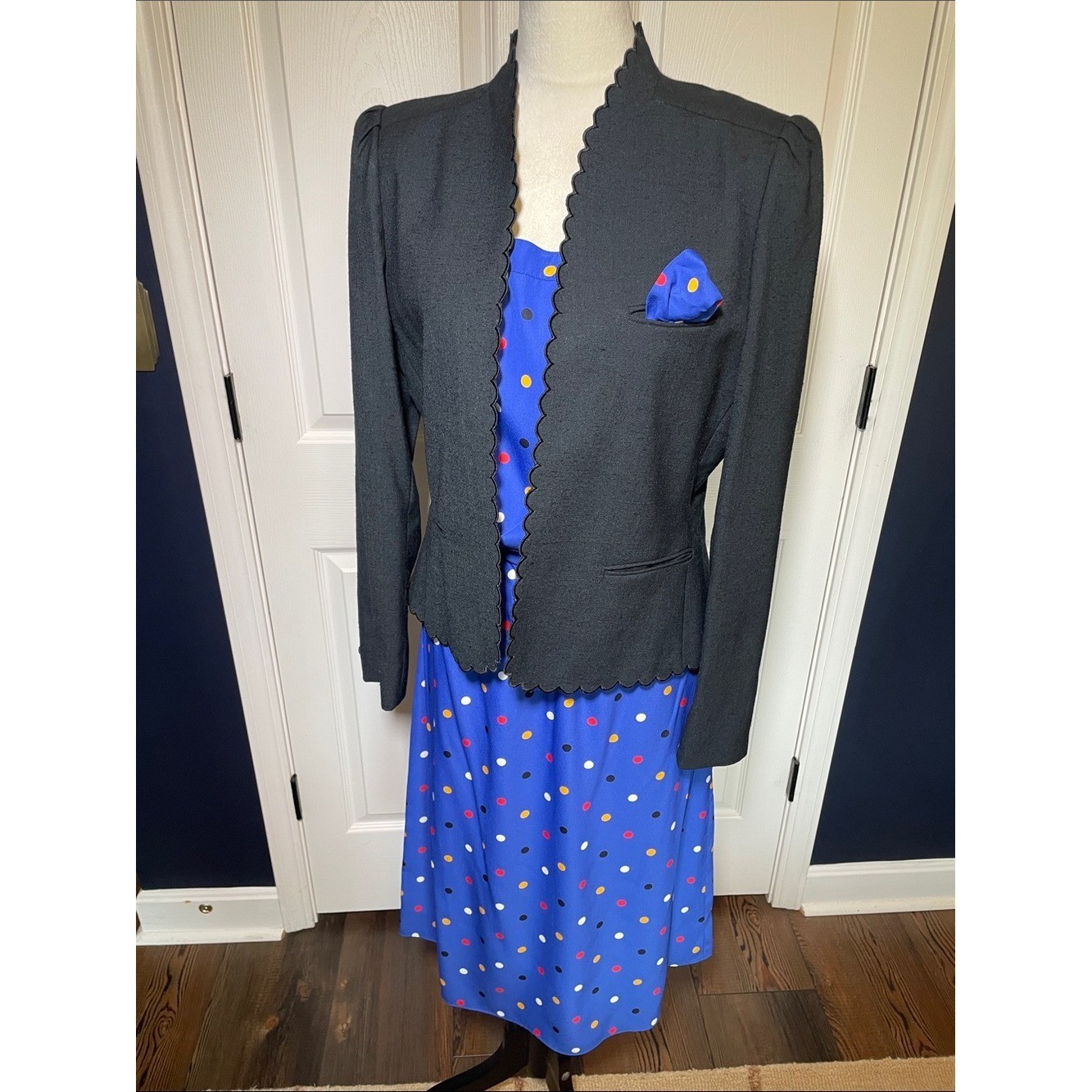 Vintage Sasson Blue Sleeveless Silky Polka Dot 2 Piece Dress & Black Blazer Sz M