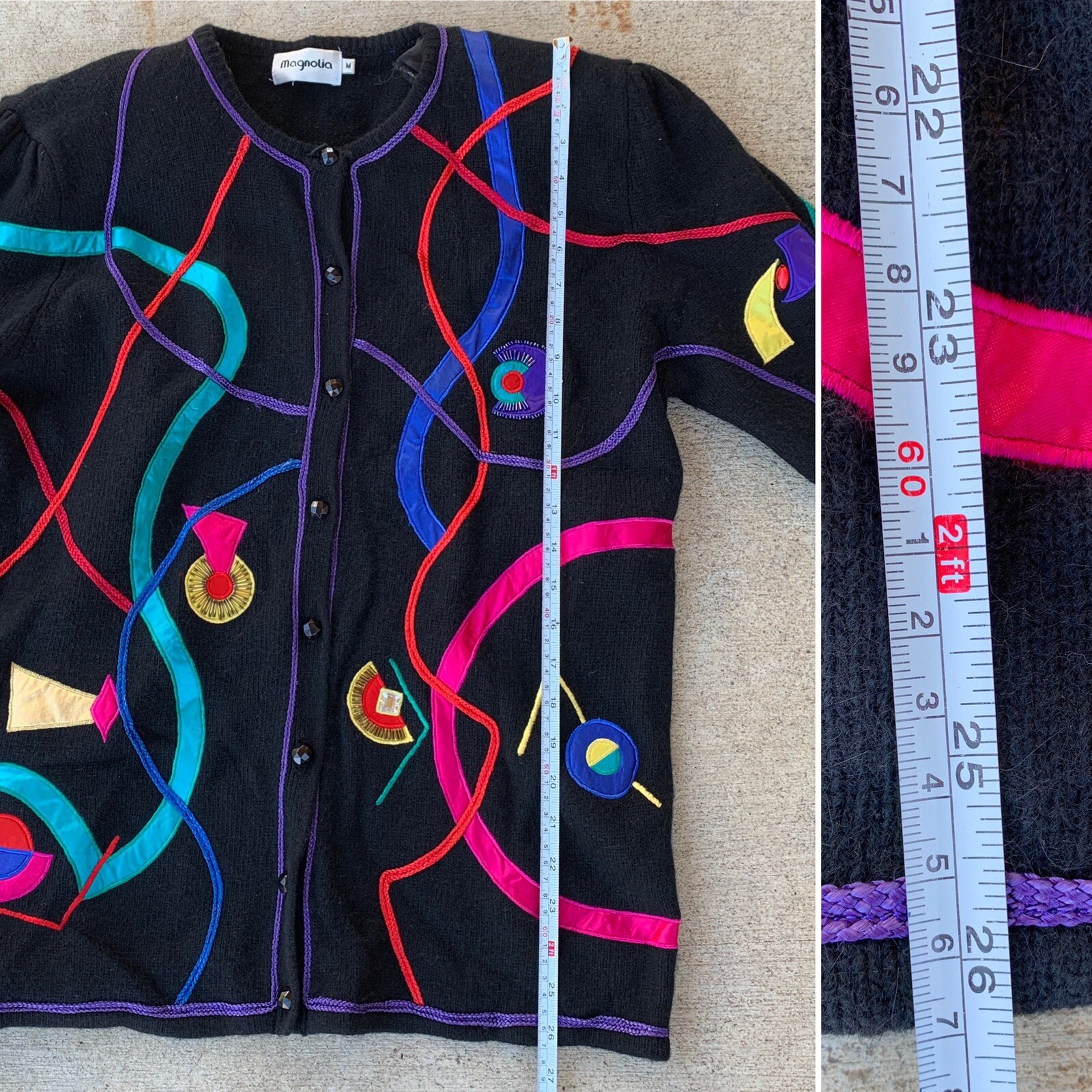 Vintage Magnolia Cardigan Sweater 80s 90s 1980s Geometric M Puffy Shoulders