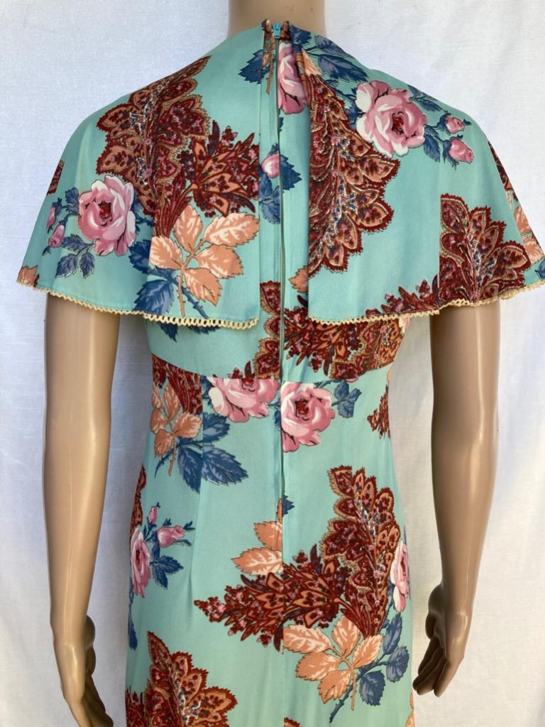 Corky Craig California Dress Vtg 1960s Caplet Shawl Collar Aqua Rose Paisley