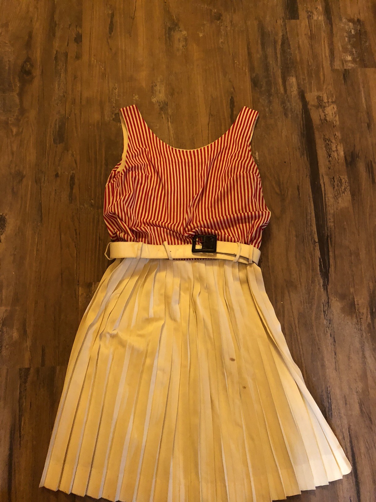 60s Red&White Striped Pleats Stanton Jrs. Mini Dress XS Hippy Chic.Stains/spots