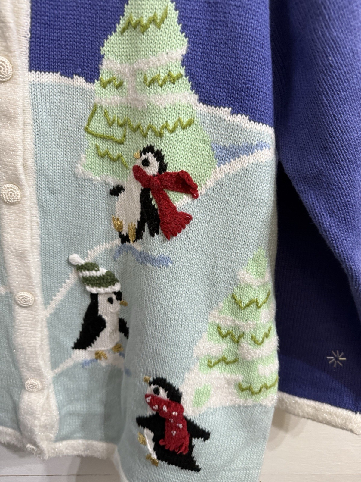 NWT Storybook Knits Winter Polar Bear Penguin Theme Knit Button Up Sweater Large