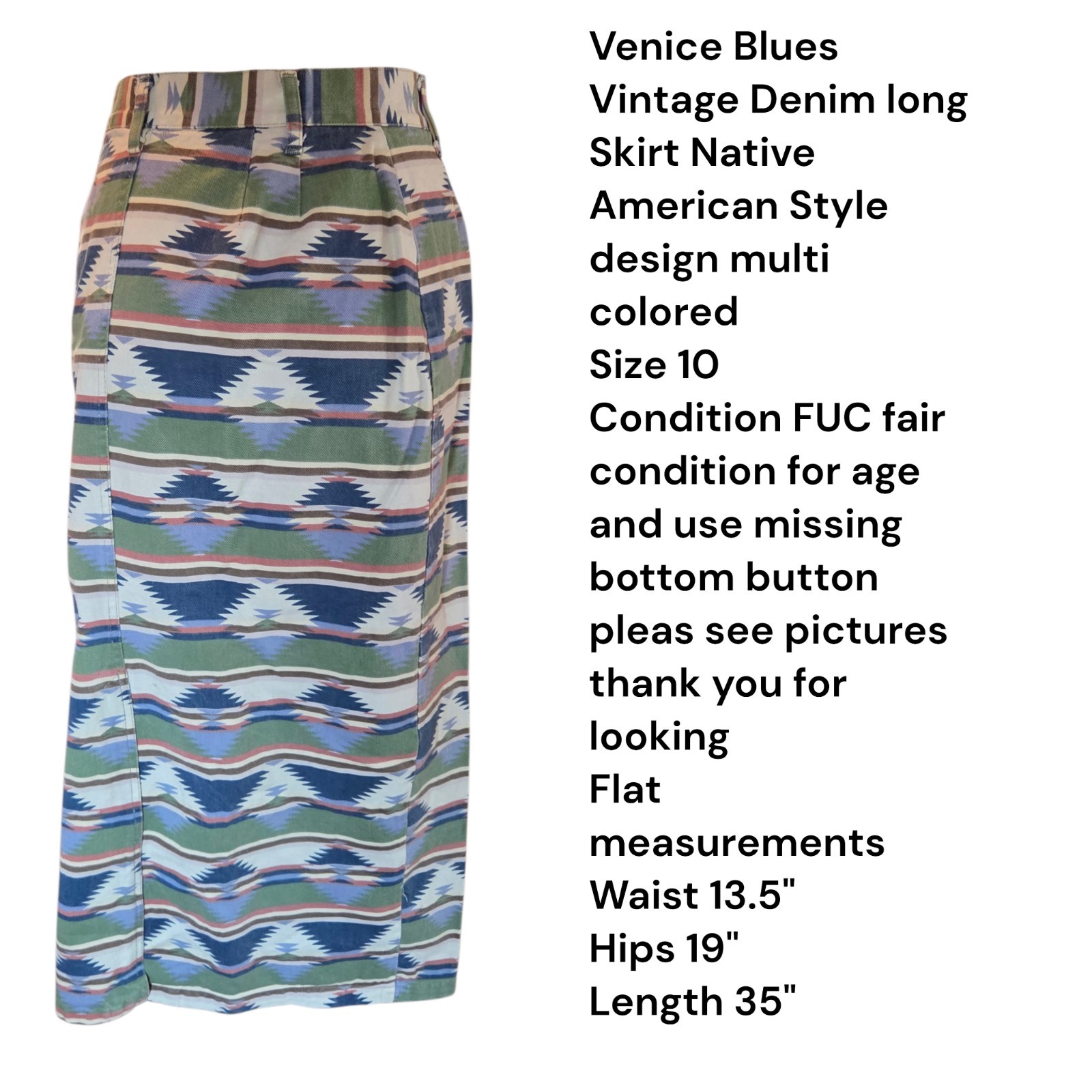 Vintage 90s Venice Blues Denim Southwestern Maxi Skirt Size 10 27″ High Waist