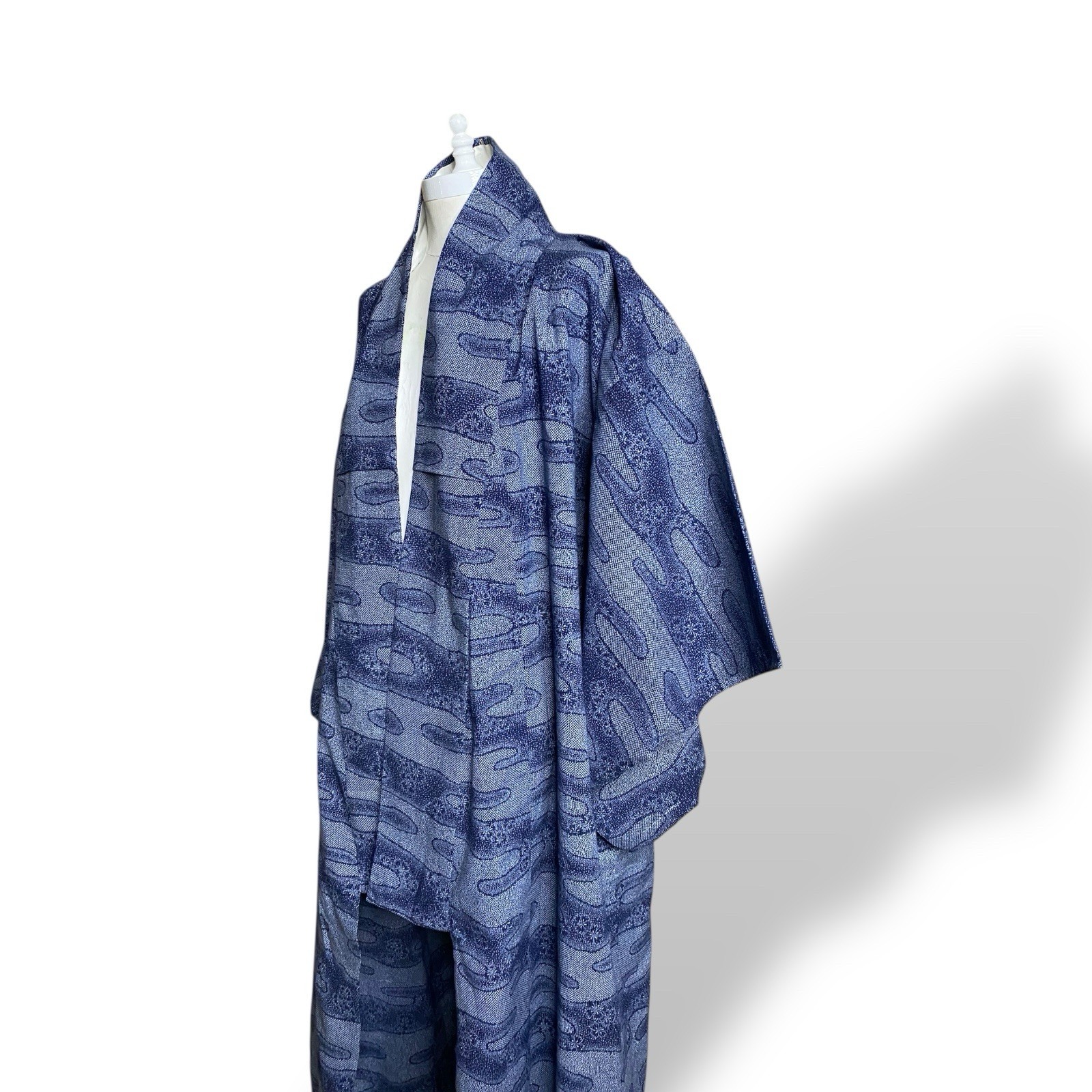 Vintage Kimono Robe Blue Hand Dyed Cotton Full Length 1970s Unisex OSFA Japanese