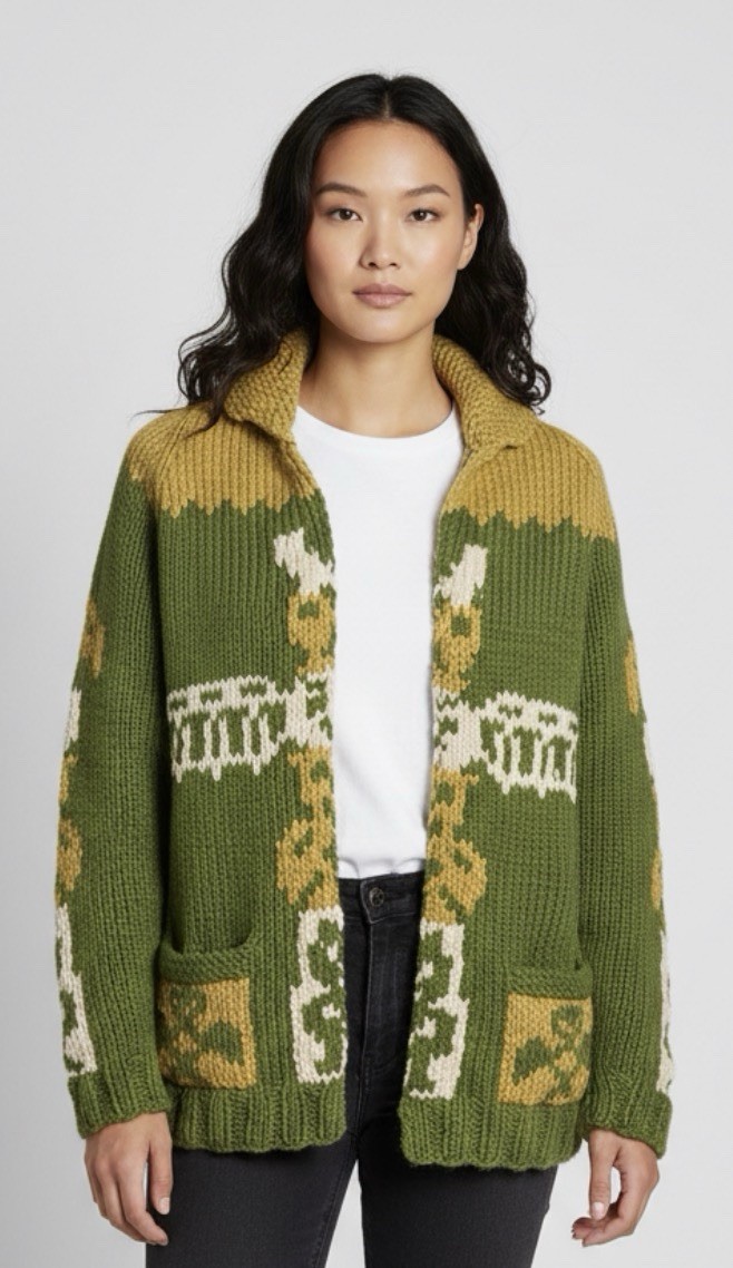Vintage 50’s Cowichan Sweater Womens S Green Totem Alaska Warm Heavy Cardigan
