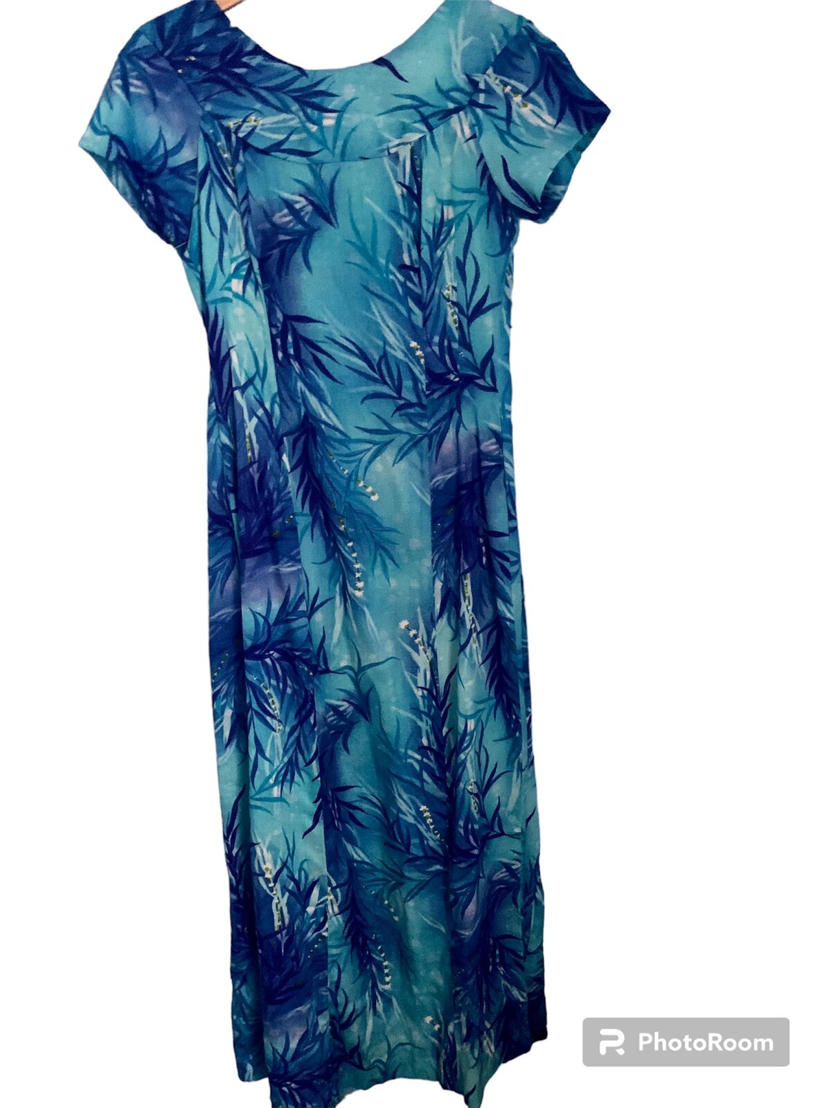 Made In Hawaii Vintage Blue Tones Hawaiian Barkcloth Maxi Dress