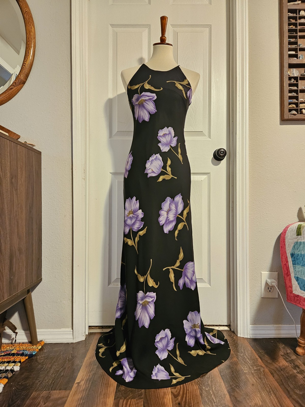 Vintage 90s Hampton Nites Black Purple Floral Sleeveless Maxi Dress Size 8
