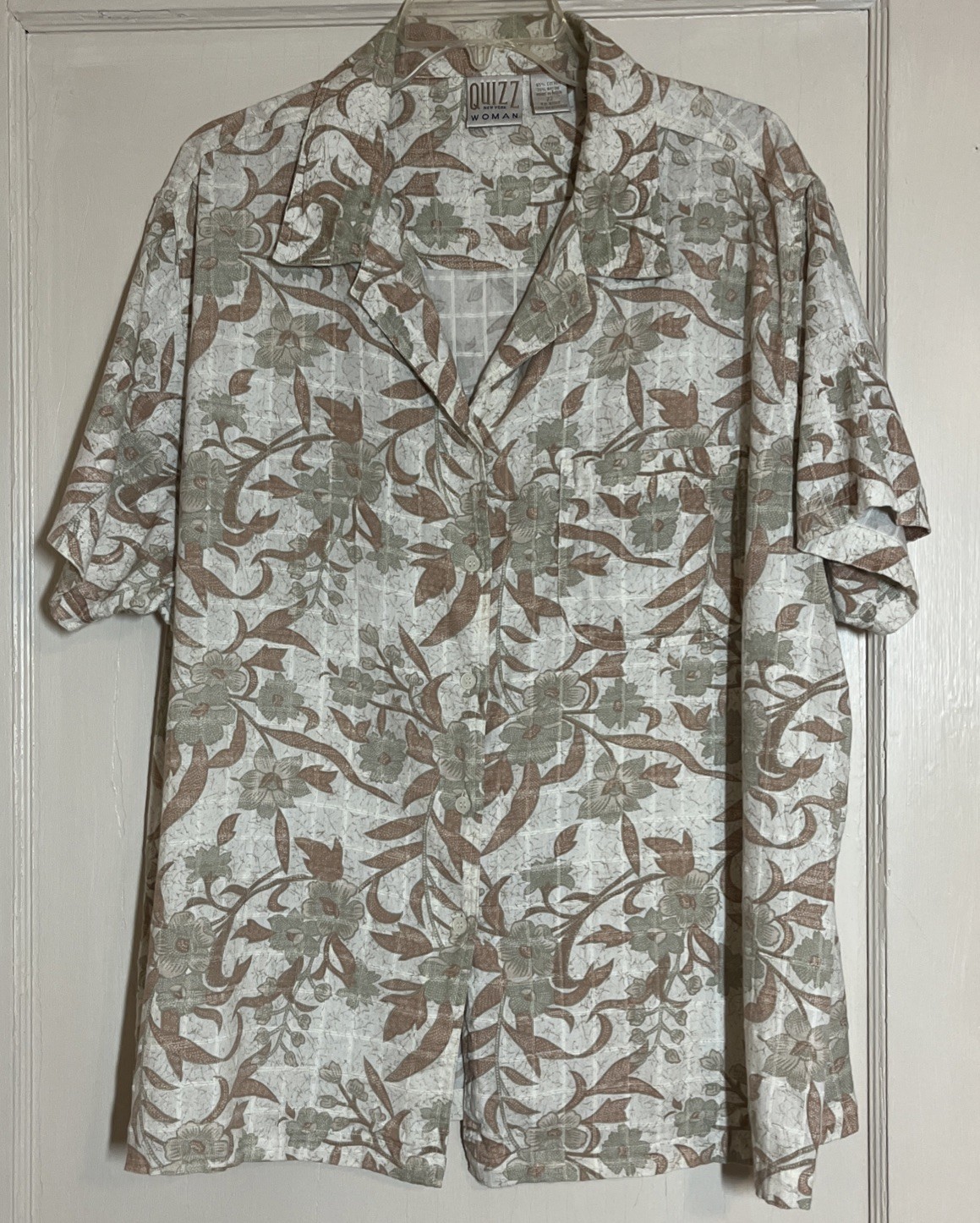 1990s Quizz New York Blouse Womens 22 Tan Green Floral Cotton Blend Button Up