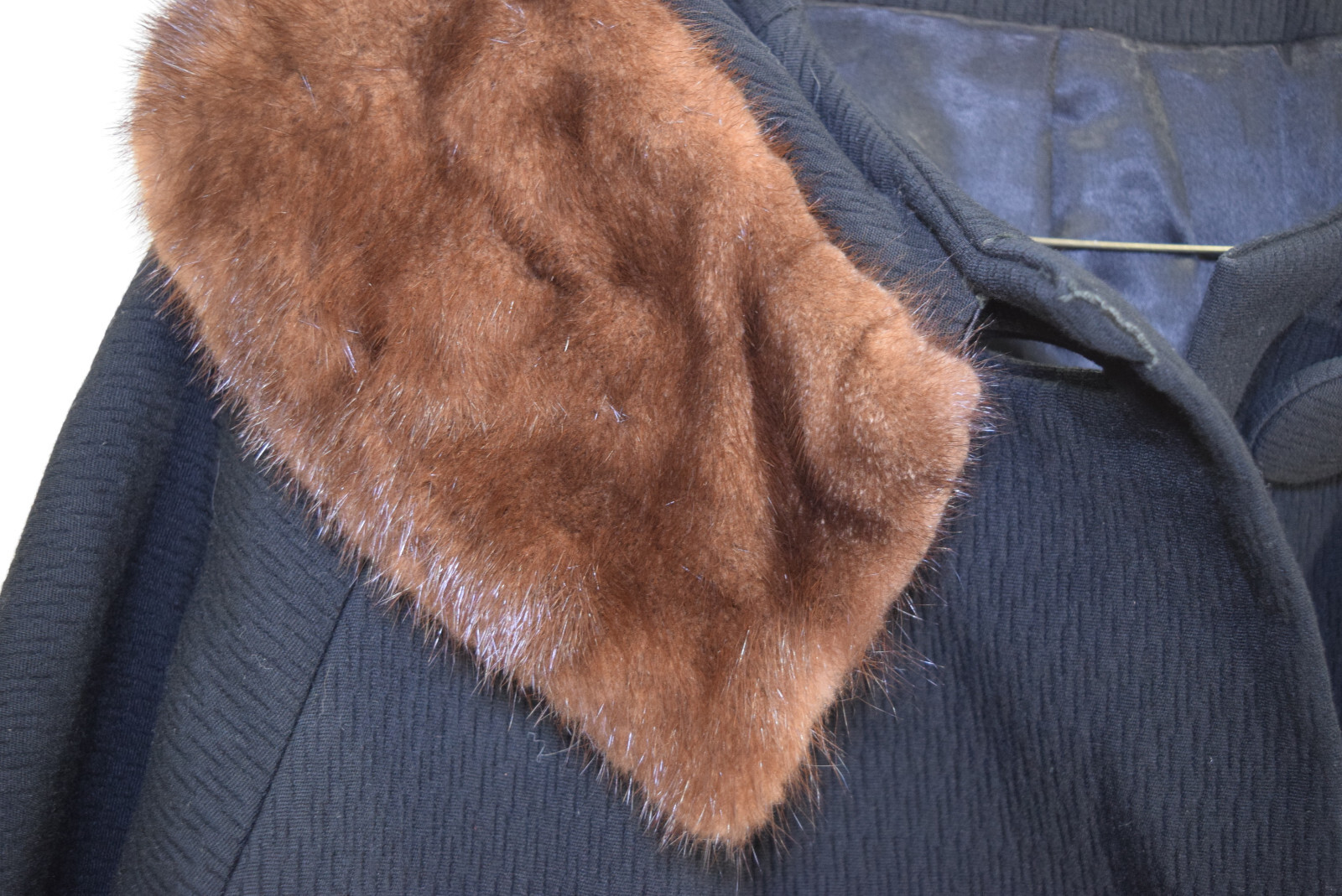 1960’s Forstmann Black Textured Wool Mink Collar Swing Coat 3/4 Sleeve WOMENS XL