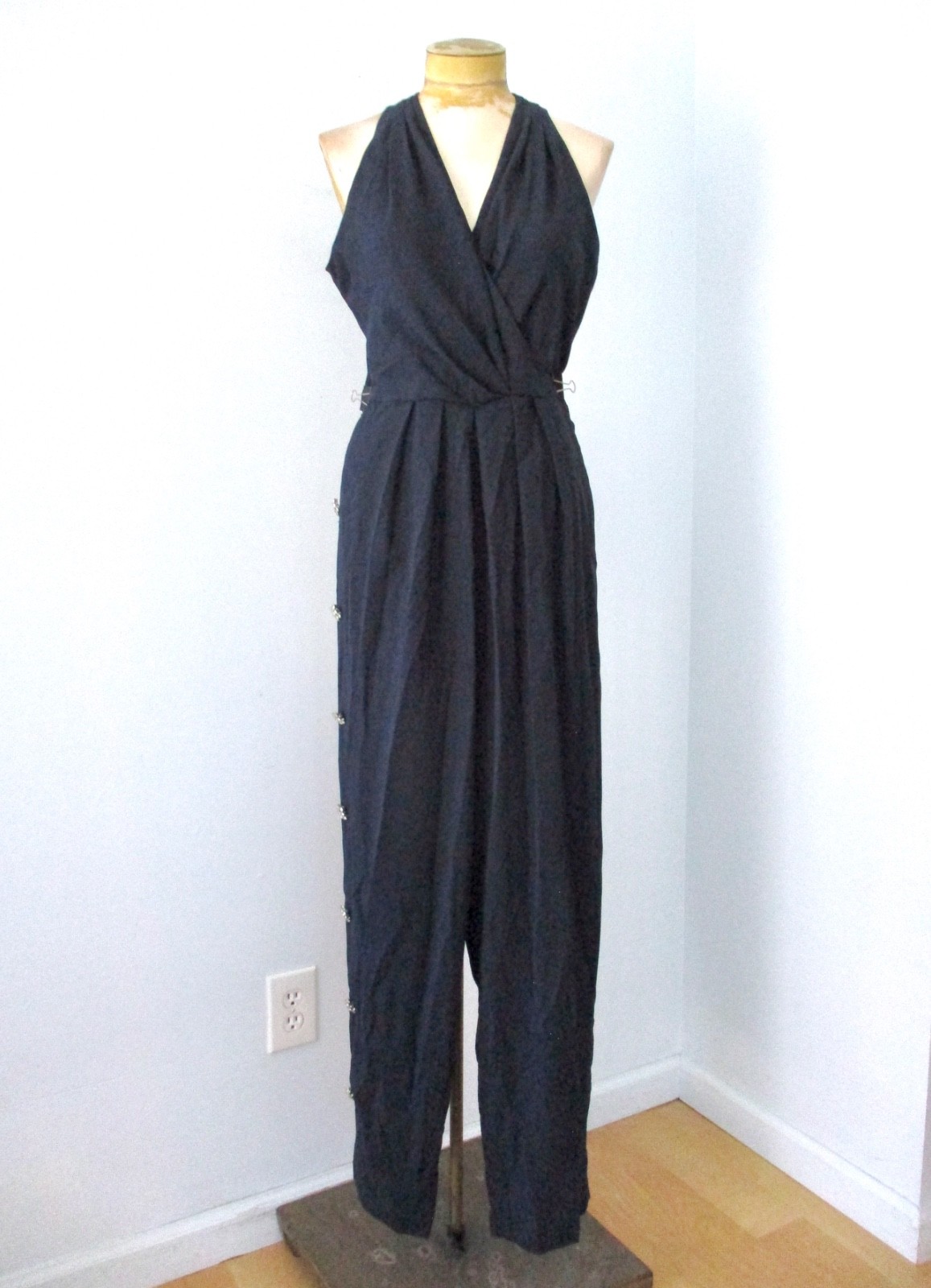 Vtg 80s navy blue crepe harem halter backless jumpsuit rhinestone buttons 12