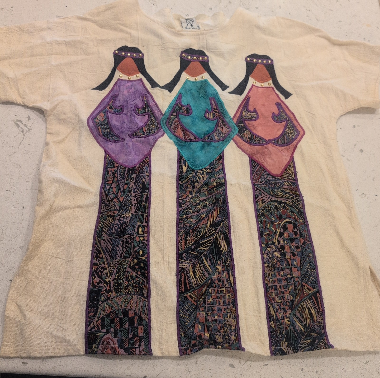 ALFREDO’S WIFE Women’s Size M Cream Vintage Southwestern Appliqué Tunic Top