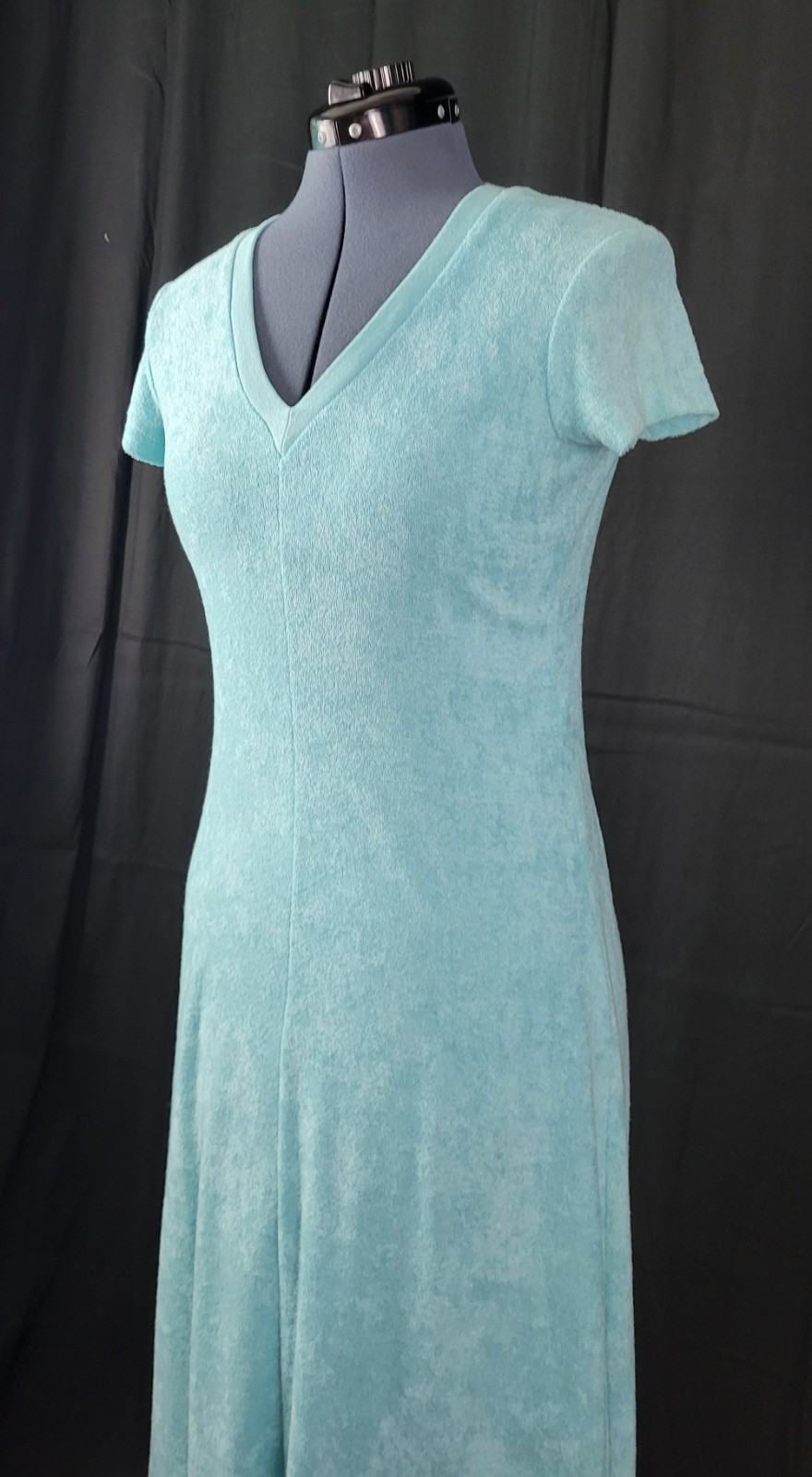 Vintage Turquoise Blue Terry Cloth S/S Dress/Cover-Up w V-Neck Size 32 (XS)