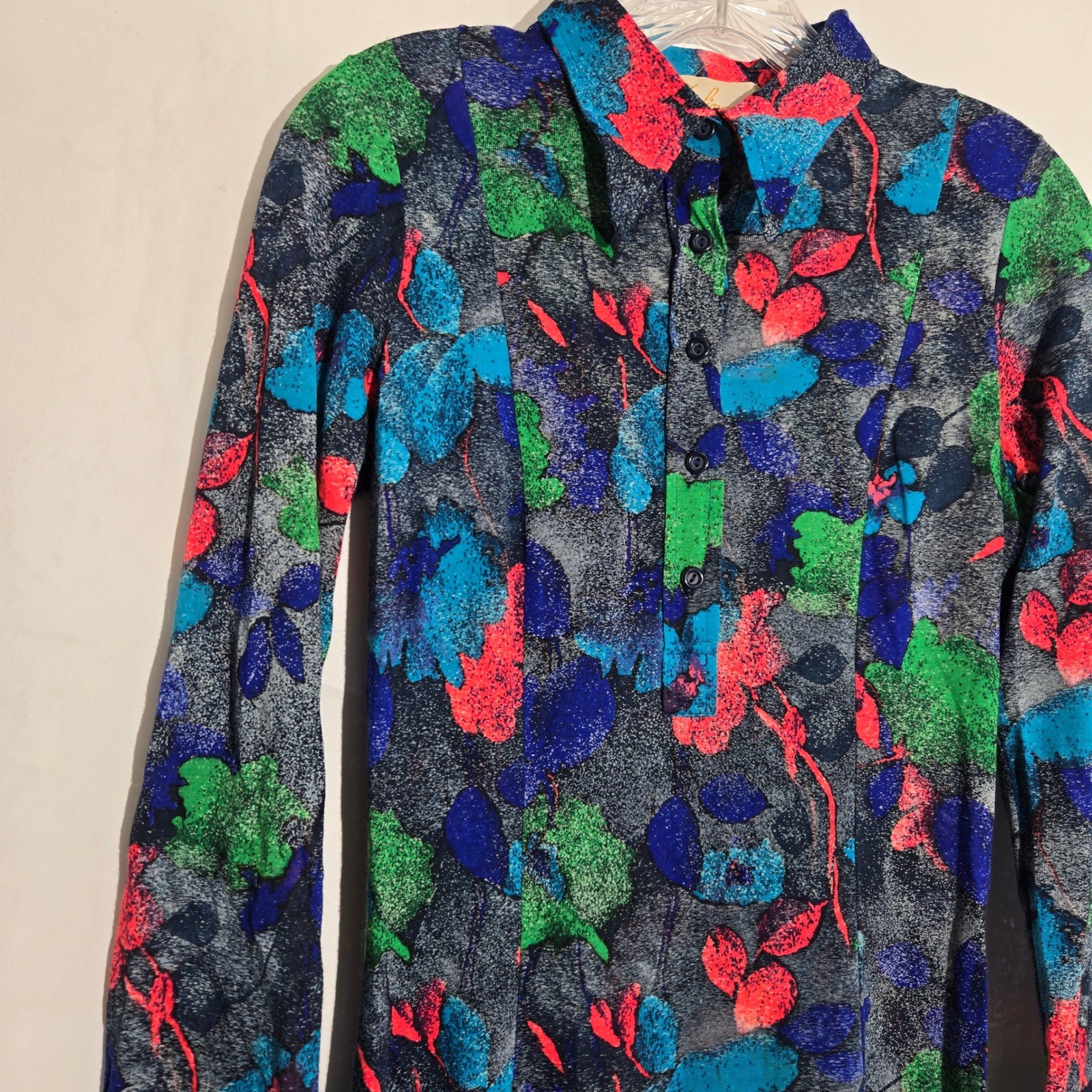 Vtg 70s Zerlina Italian Maxi Dress Blue Green Floral Abstract Long Sleeve