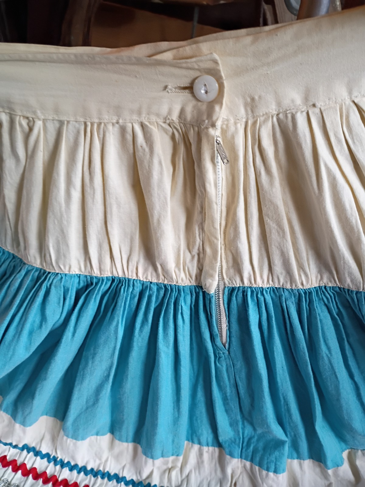 Vtg Mexican Patio Peasant Dress 2 Piece Skirt Blouse Ric Rac Trim Full Circle