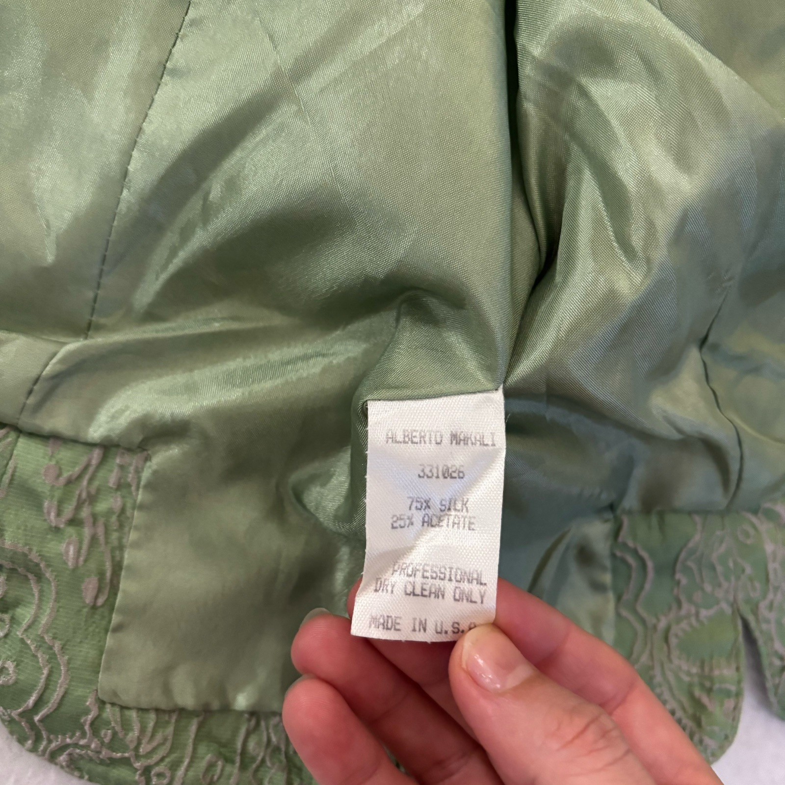 Alberto Makali Blazer Jacket Women’s 8 Paisley Green White 2 Buttons Short Silk