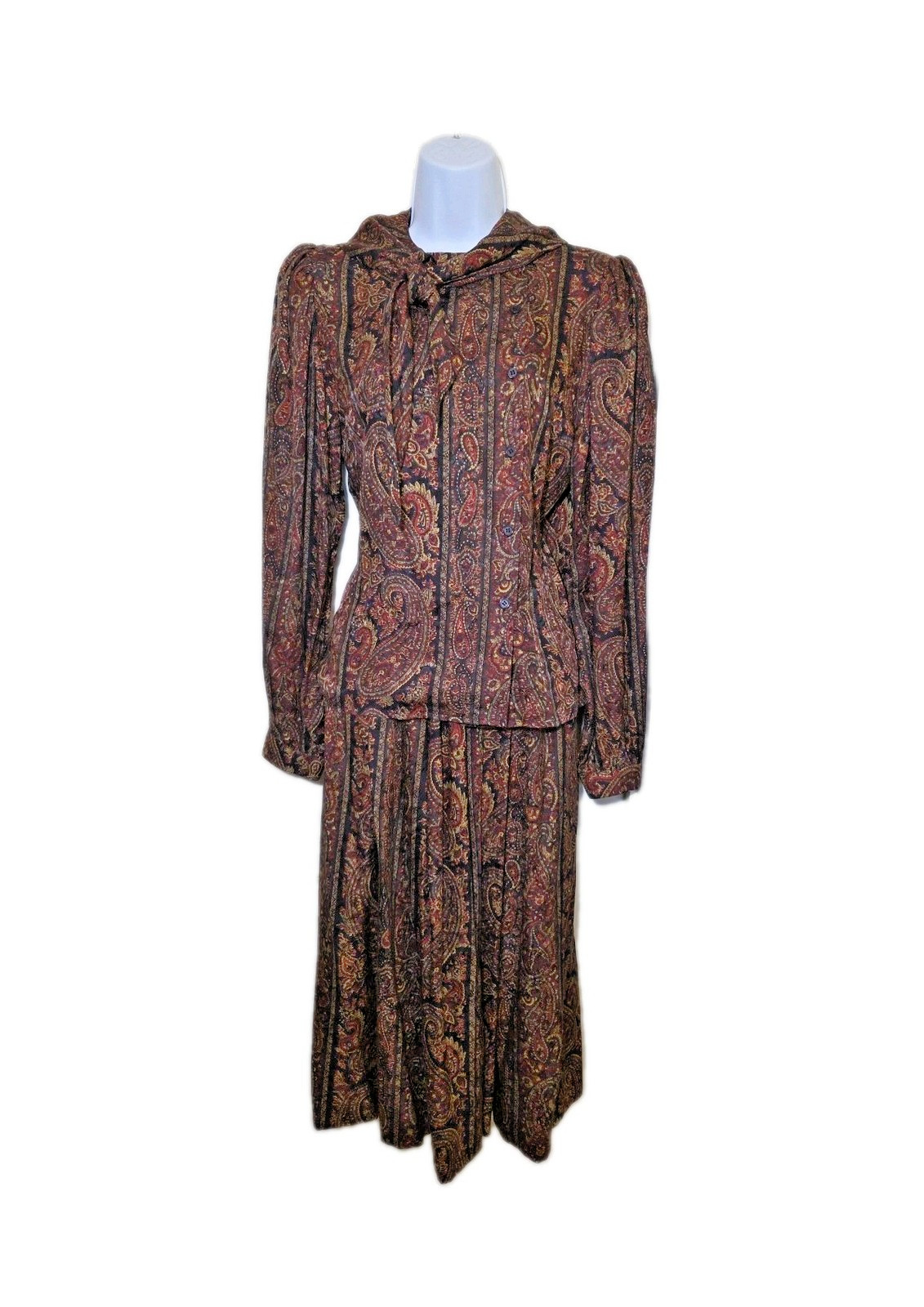 Vtg O By Oscar De La Renta 100% Silk Paisley Tie Neck Dress Skirt Blouse Set