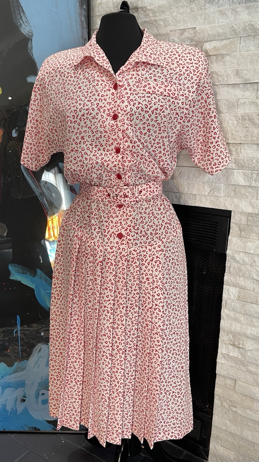 Vintage 80s Jonathan Martin Dress Secretary Red And White Pleated Belted Size 11
