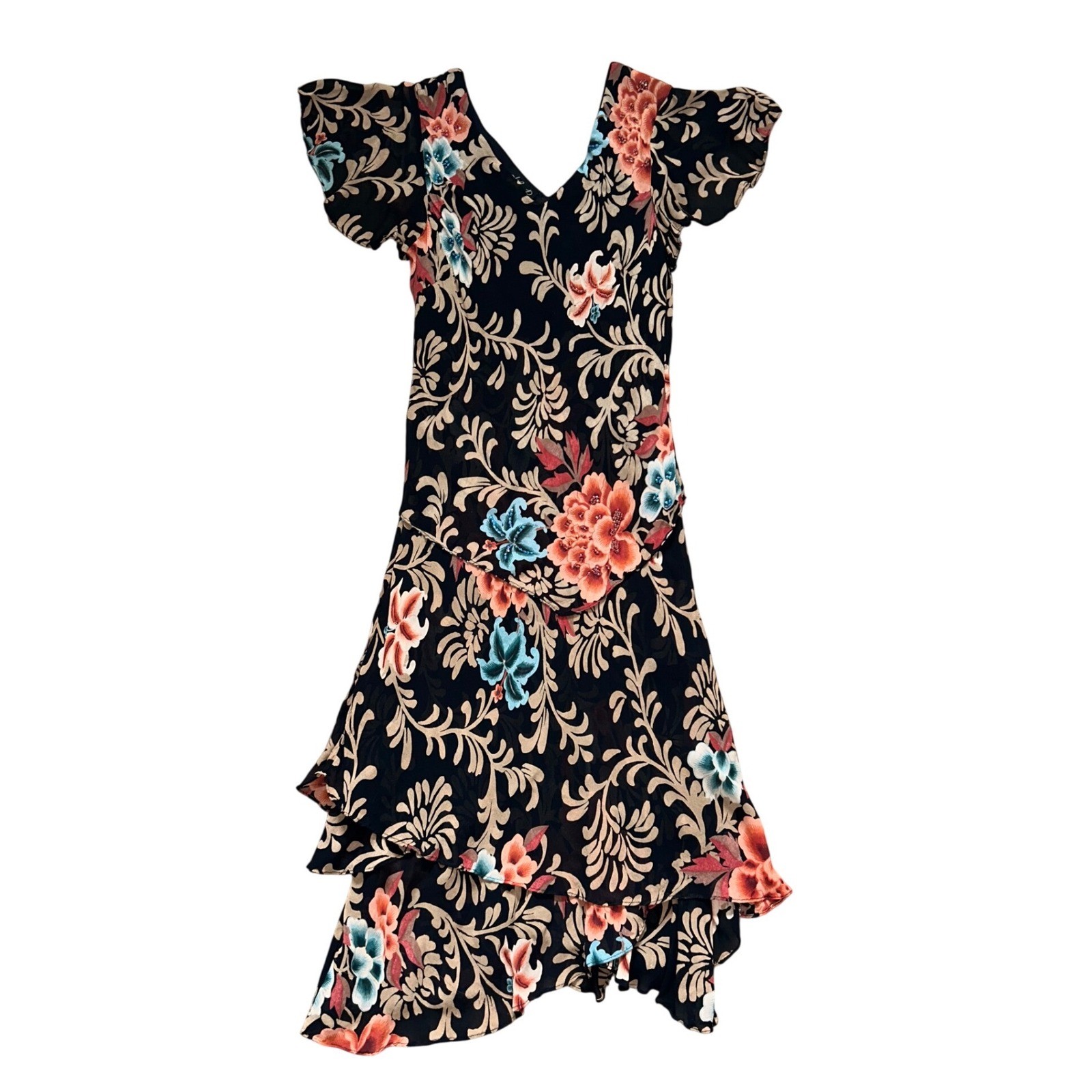 Vintage Asymmetrical Beaded Floral Midi Dress Black M Lola P boho fairy