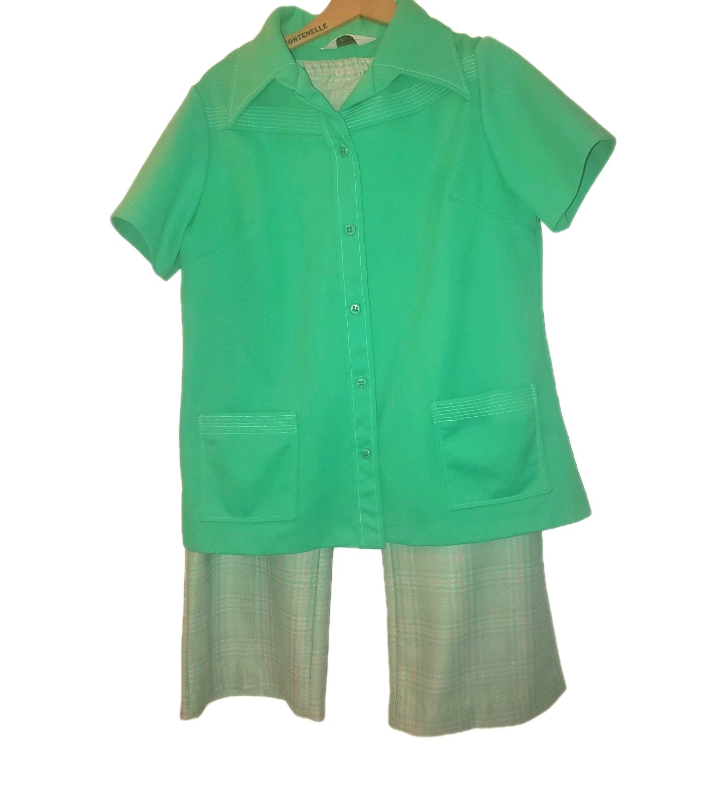 Vintage 1970s 2 Piece Mint Green Knit Polyester Blouse Bell Bottoms 18 Pant Set