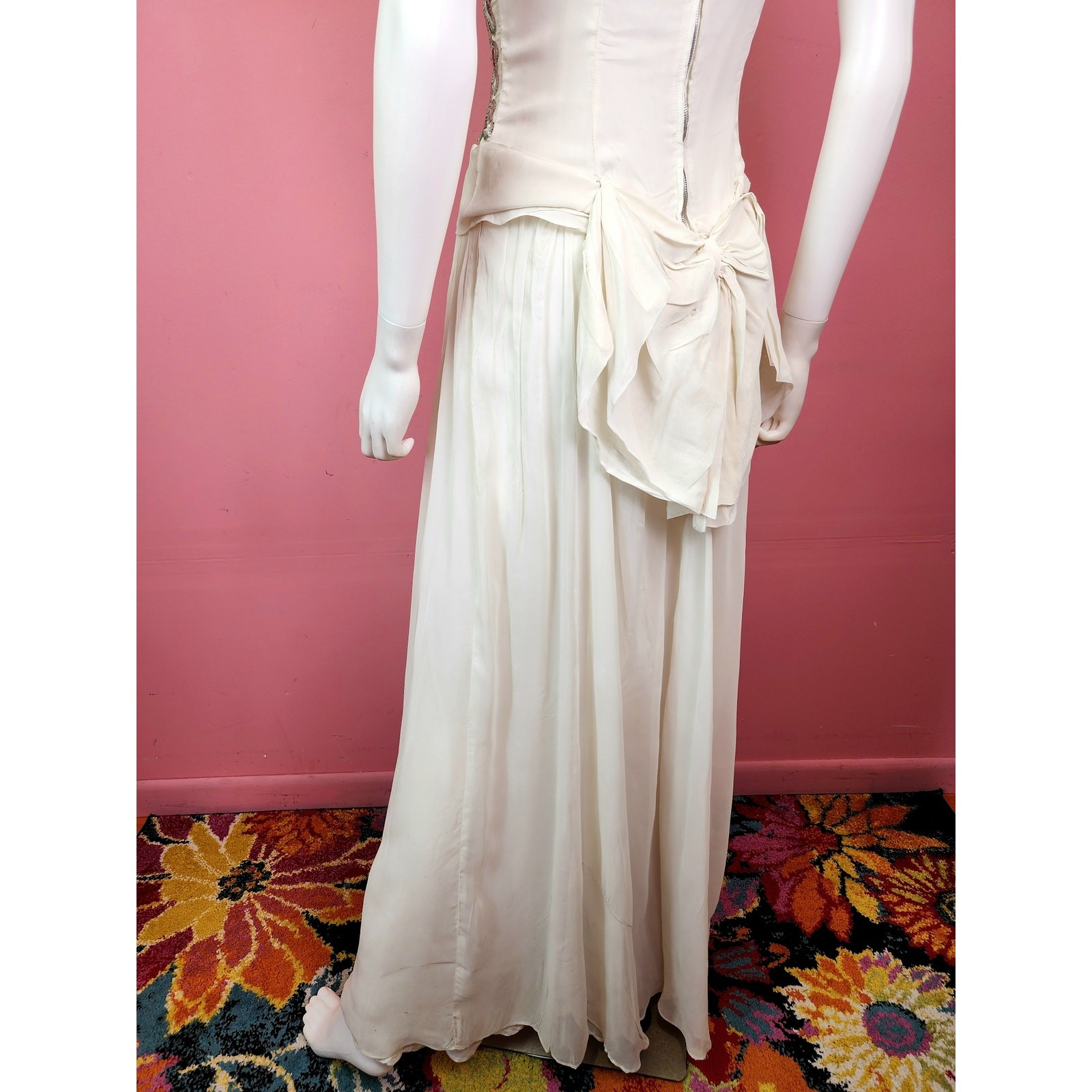 Vintage Late 1940’s White and Silver Sequin Bodice Chiffon Gown with Bow Back