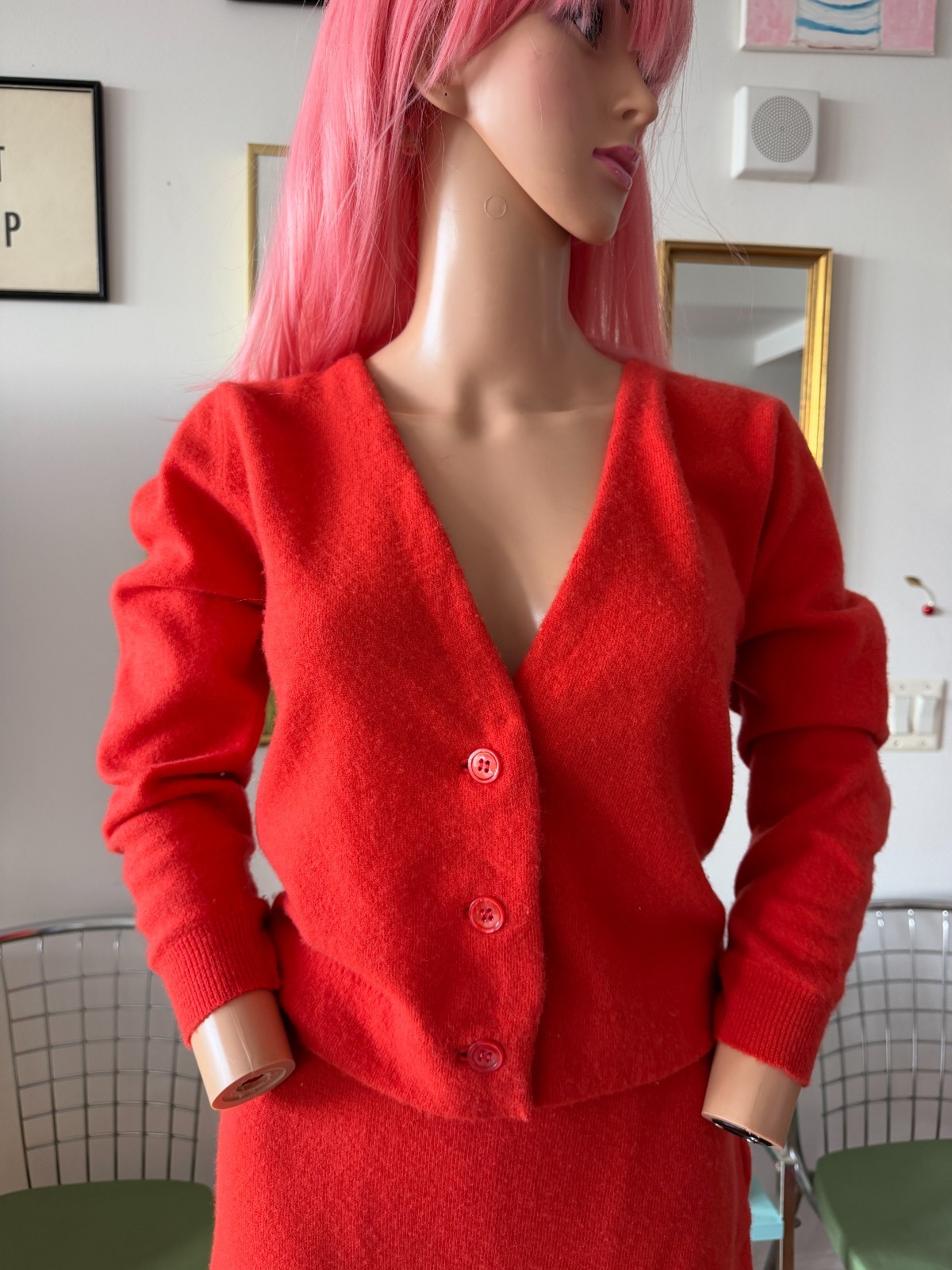 ❤️ Vtg Dalton Cashmere 3pc Skirt Set Cardigan Shell Luxe Minimalist Dress Red S