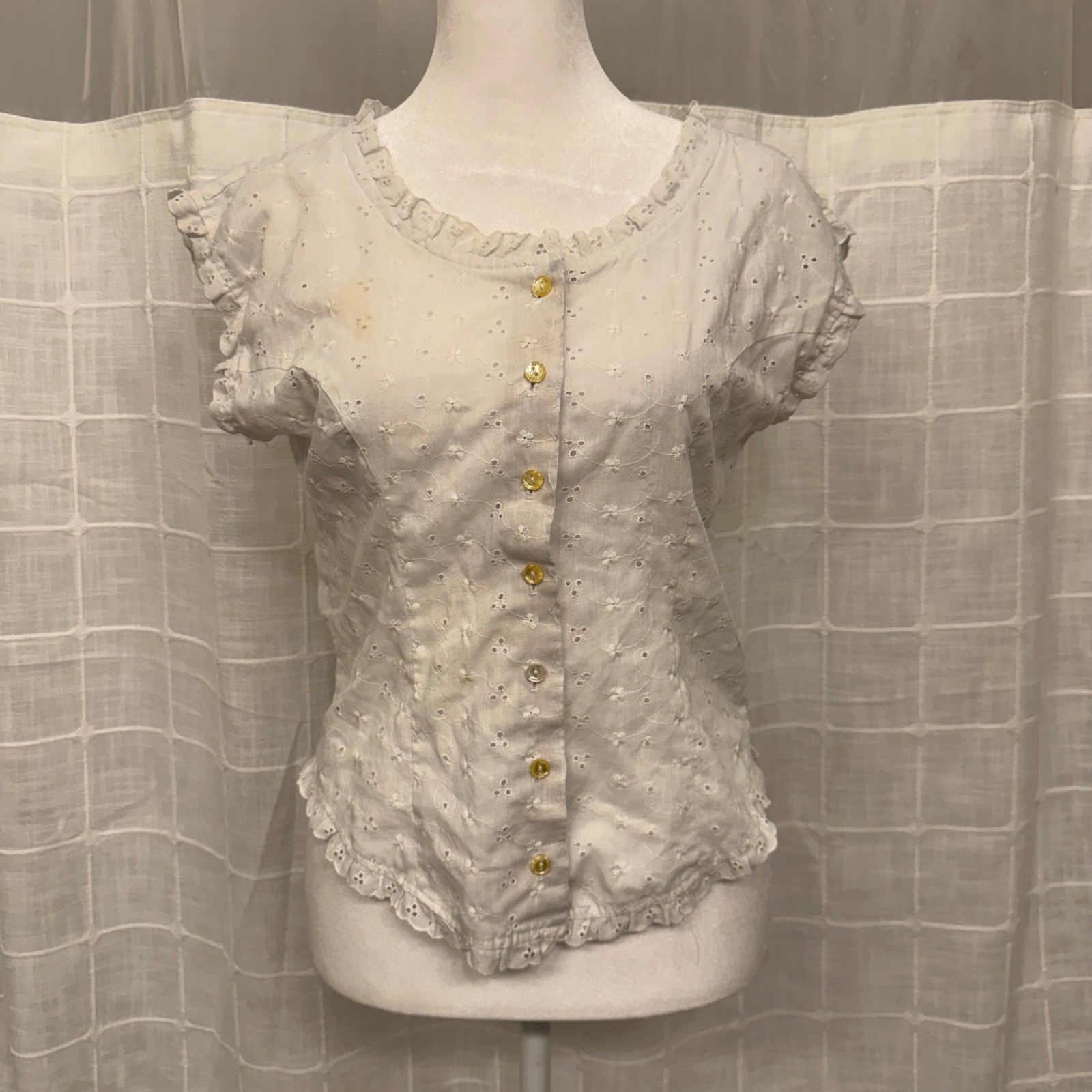 Vintage Eber San Francisco White Eyelet Lace Ruffle Button Up Blouse Top