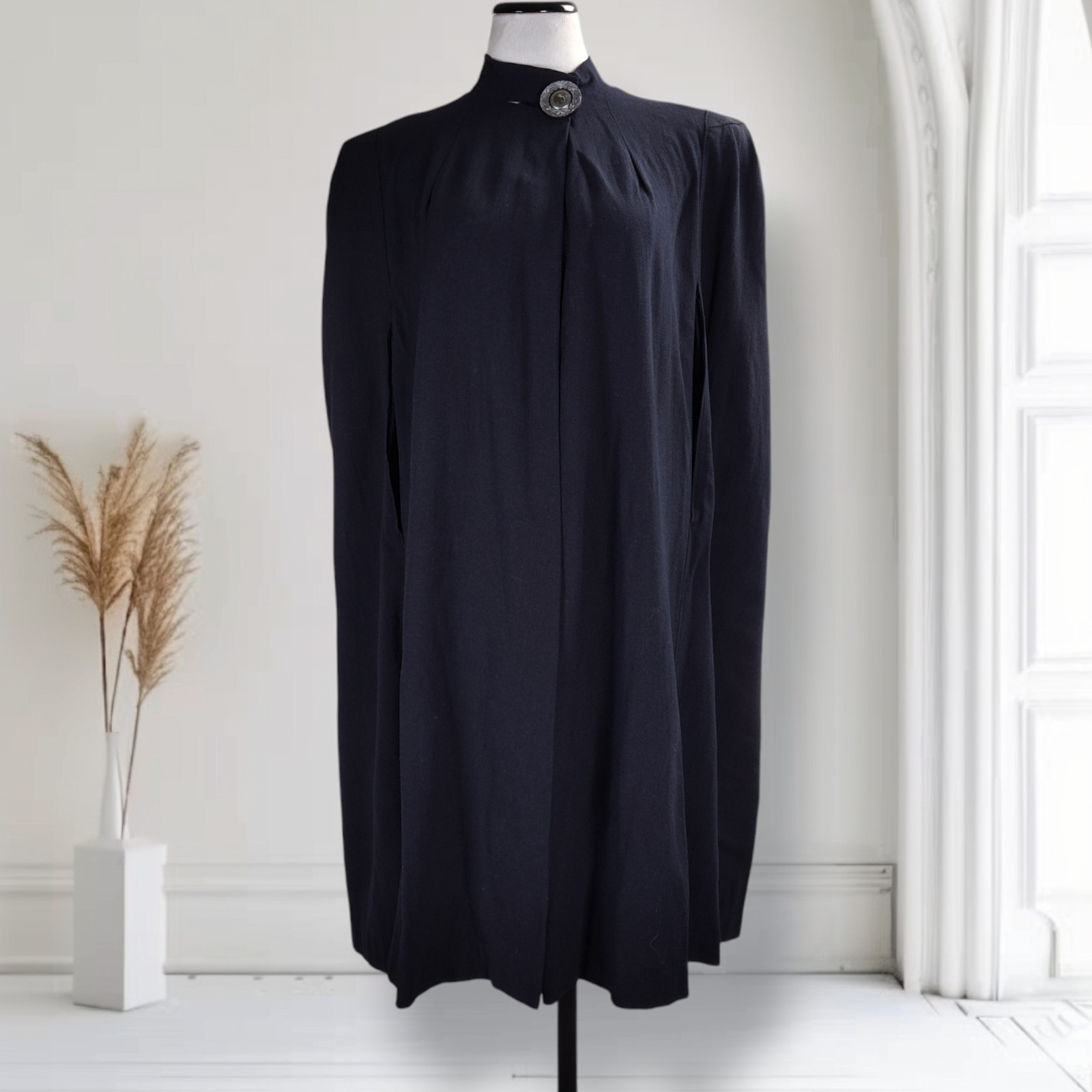 Vintage 1940s Midnight Blue Wool Crepe Gothic Cape Cloak Arm Slits Dark Academia