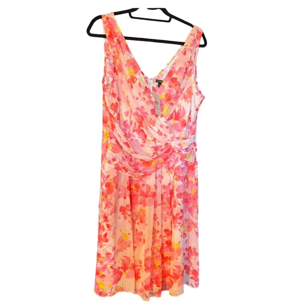 Ann Taylor Floral Chiffon V-Neck Pleated Faux Wrap Dress Pink Yellow Size 14 NWT