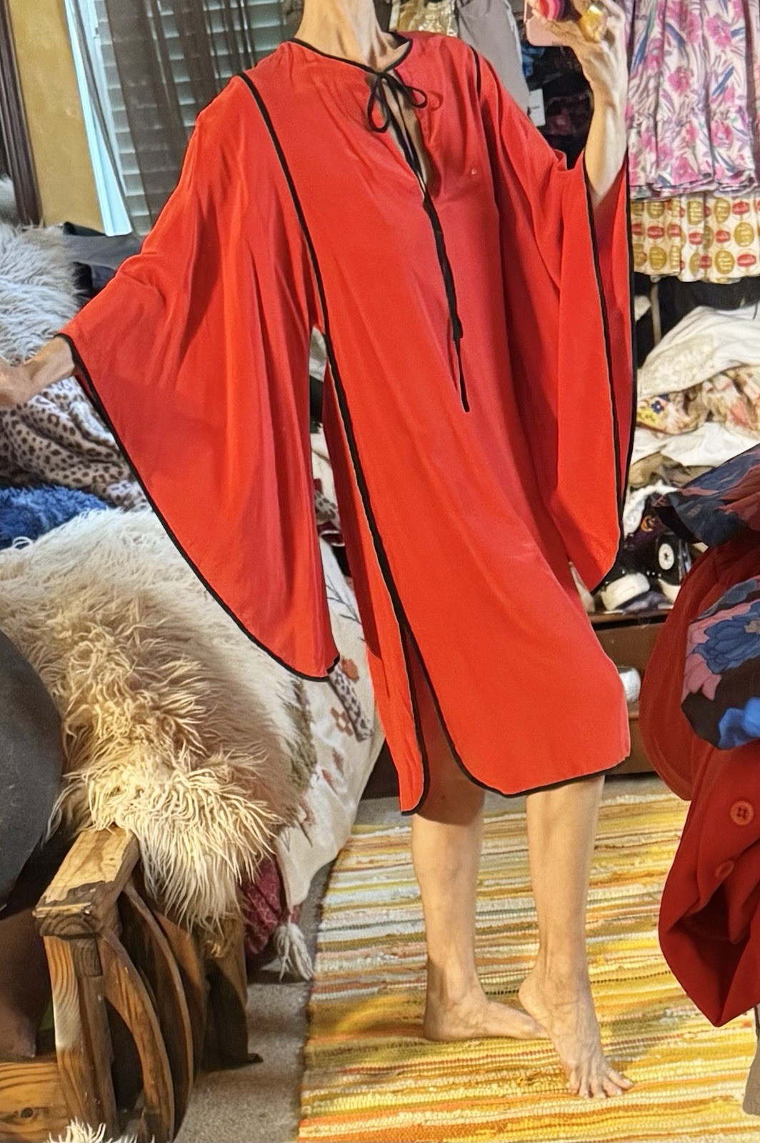 Vtg British Hong Kong Red Silk Dress Kimono Sleeves Caftan Goddess Pull On S XS