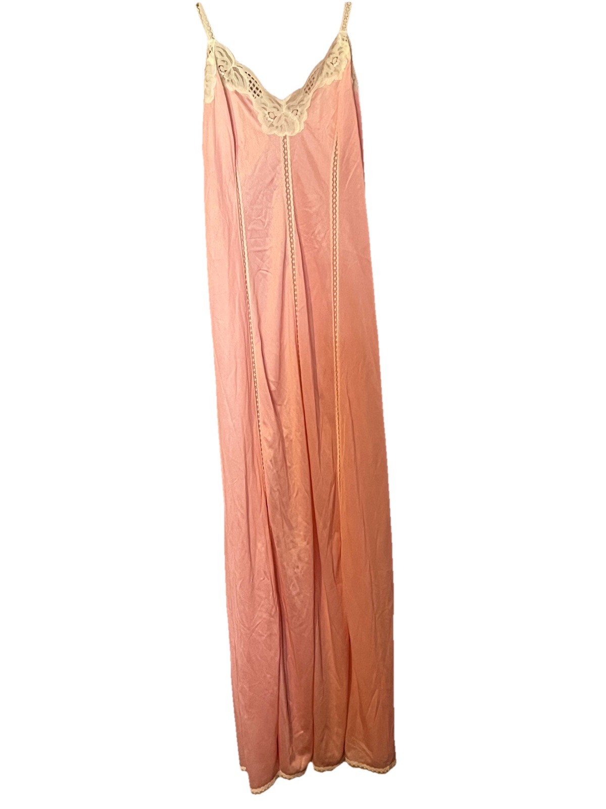 Sz S Elegant Vintage Lt Pink & White W Lace Detail & Straps MCM Night Gown 1960s
