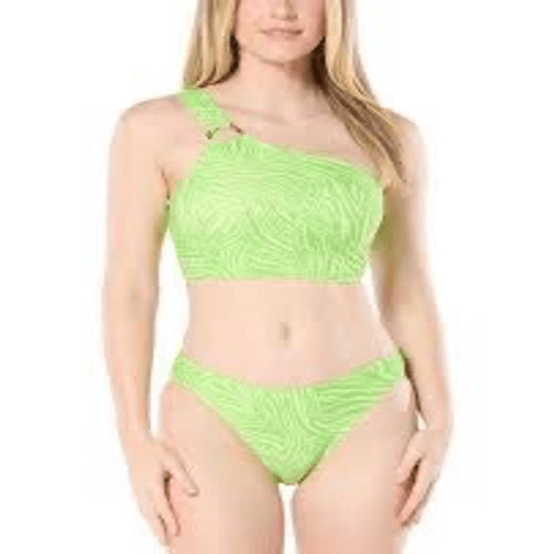 NWT Michael Kors one shoulder O-ring top and bottom swimwear in green with anima