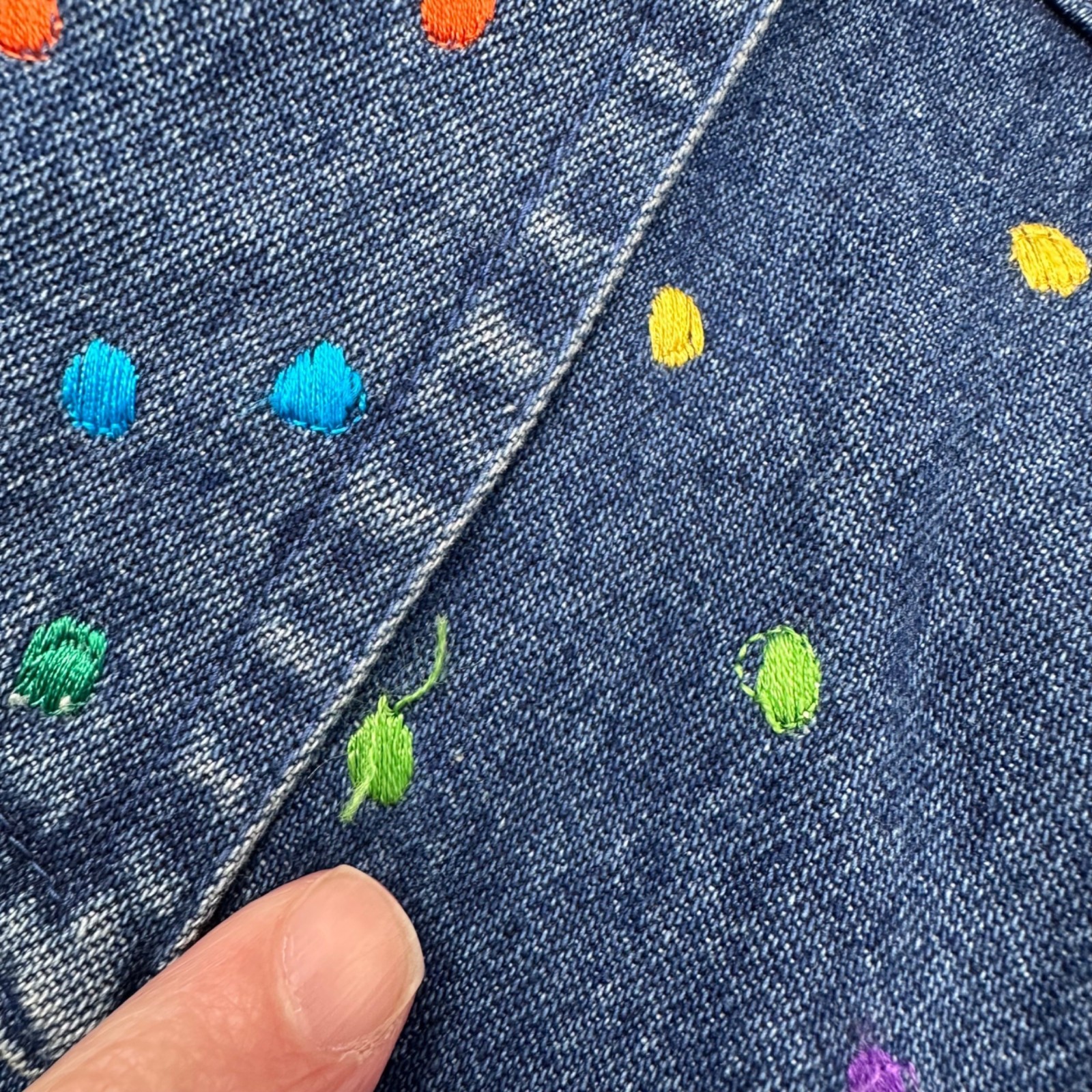Vintage Denim Shirt Jacket Polka Dot Embroidery Small 1990s Rainbow Button Up