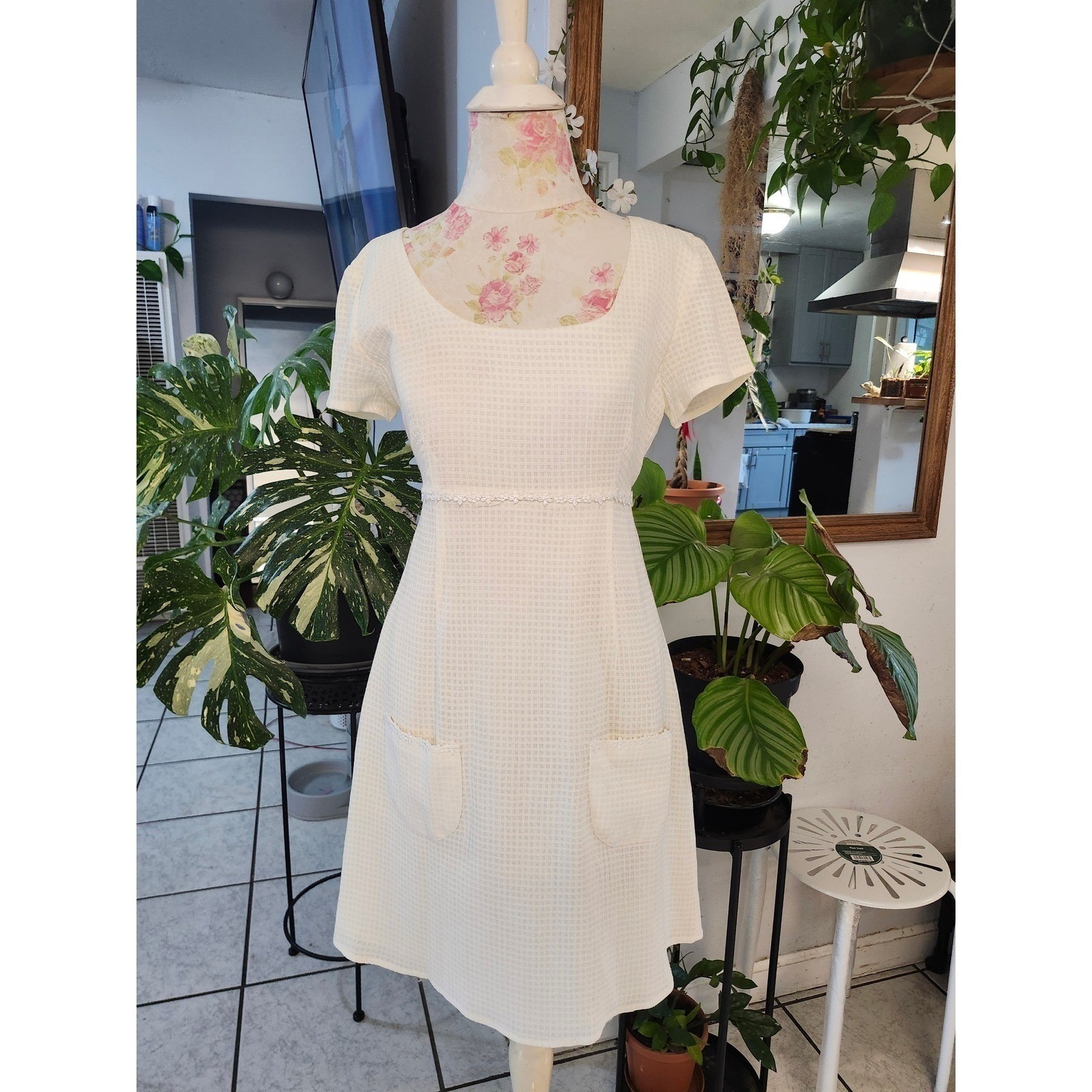 Vtg 90s Y2K A-List by Wrapper Dress Junior 9/10 Fits Small Cream Waffle Knit Mod