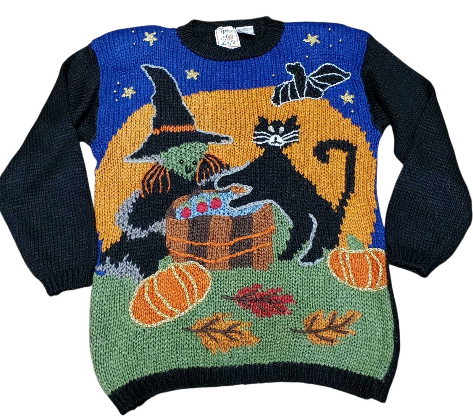 VTG 90s Spice Of Life Halloween Sweater Size XL Witch Pumpkin Knit Holiday Rare