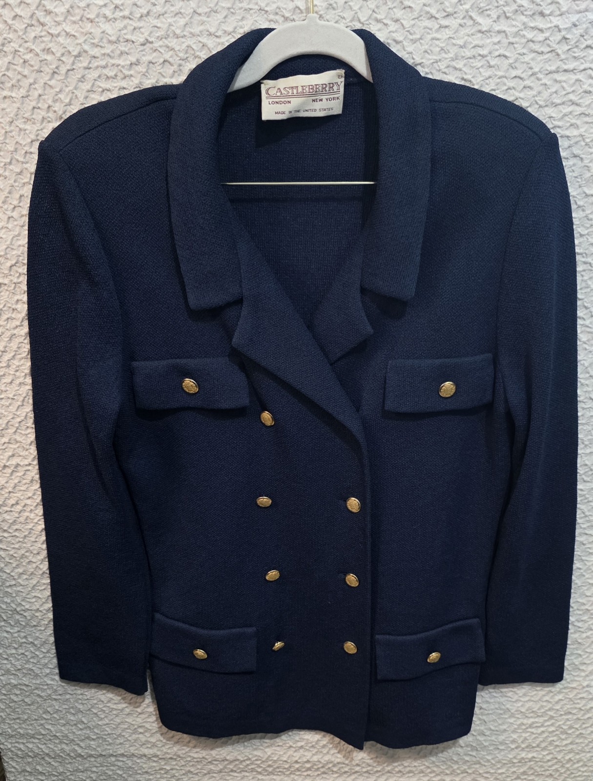 VTG Castleberry Navy Blue Blazer Jacket Career Gold Buttons Made in US 14