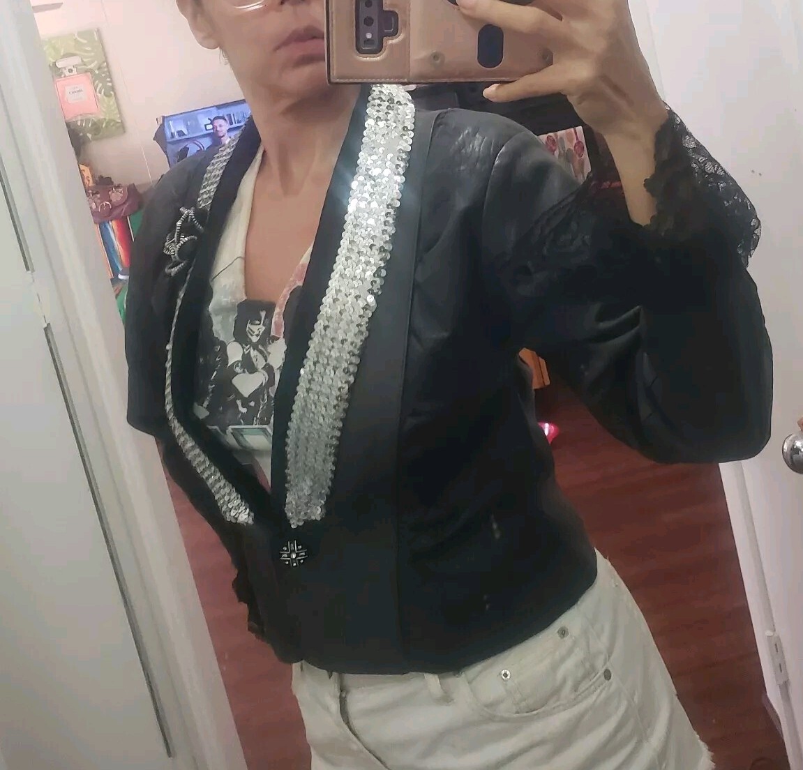 Vtg 80s Sz L black Leather Jacket sequins collar puff sleeves Glam Mobwife